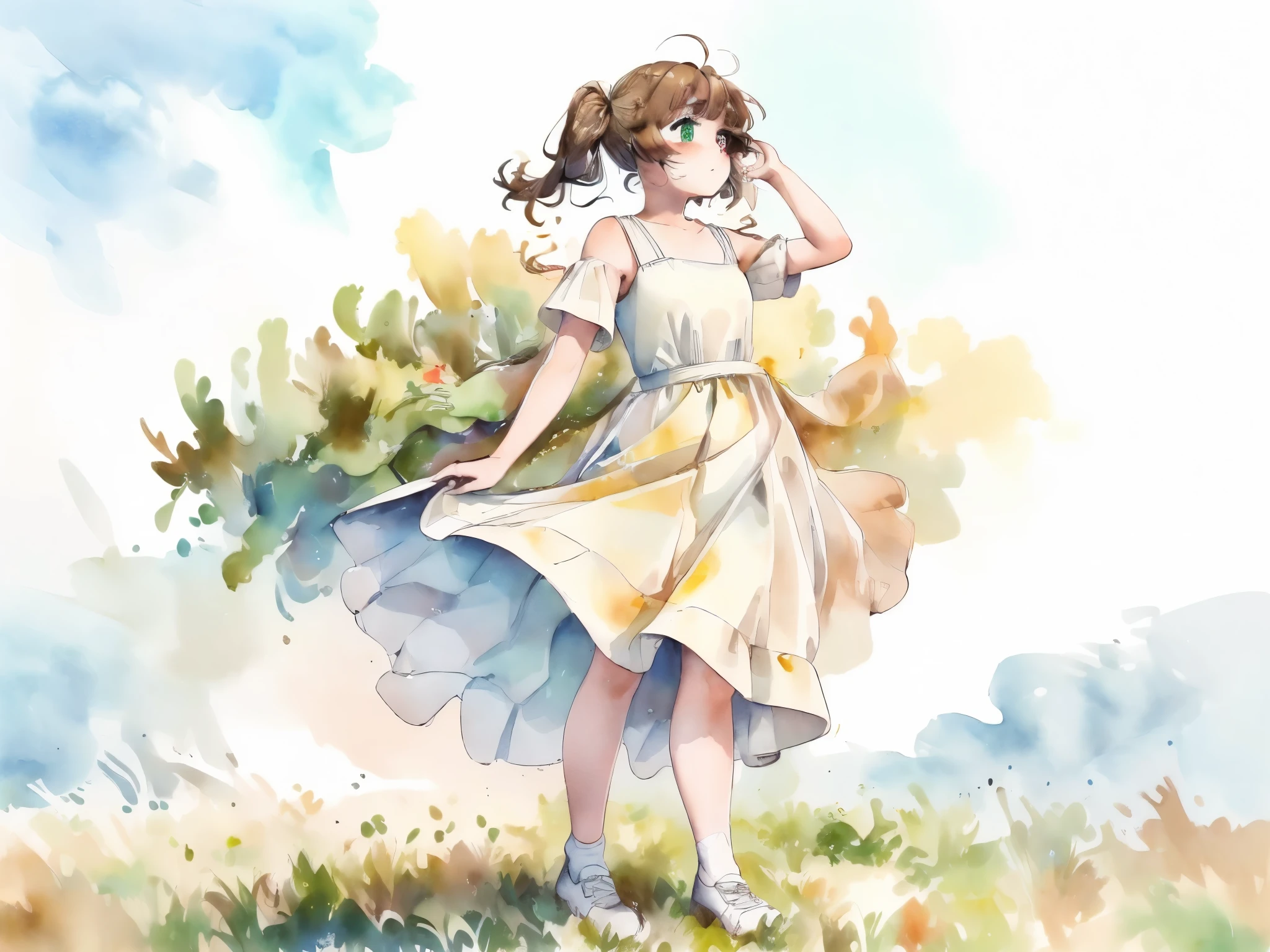 (((masterpiece, highest quality,8k))),Twin tails,Brown Hair,medium hair,tareme:1.6,(heterochromia green eye yellow eye),(looking away),(full body),shoot from below,White dress,long dress,Hair blowing in the wind,Standing on a windy hill,((hand in own hair))