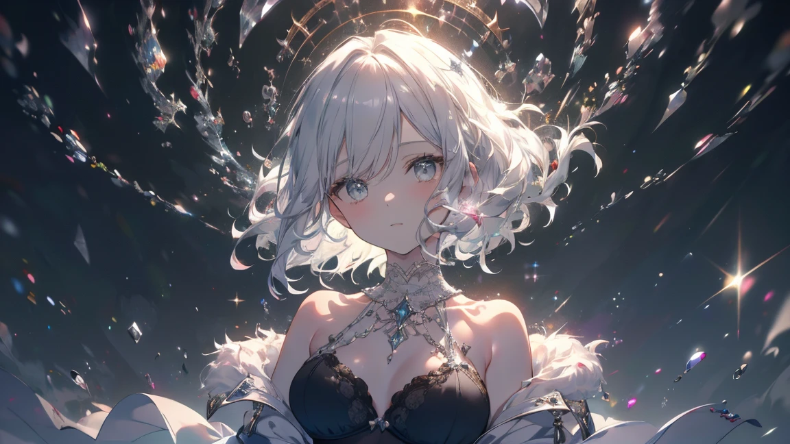 High resolution RAW color art, animation,Sculpture, Silver Marble Skin, (((Highly detailed elegant))), Magical atmosphere, Detailed skin, texture,(Exquisitely crafted, The finer details, Ultra-detailed art), Depth of written boundary, Bokeh, Silky Touch, Hyper Detail, (Glowing white), Beautiful Eyes, Elegant face, (From the waist), Sparkly Background, chest, magic, Downtown, magic hat, Looking , Ruffled black bra, Portraiture, Overall white, Gray background:1.3