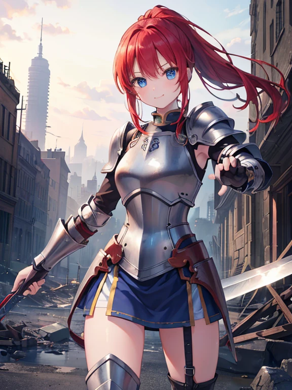 (8k, highest quality, Tabletop:1.2)、Ultra-high resolution、One 16-year-old girl, Perfect Fingers, Detailed face, smile, blue eyes, Red hair, ponytail,Silver armor, Gauntlet, Iron Breastplate, Iron Leg Guards, In the ruined city, carry a sword on one&#39;s waist, Stand with your hands on your hips