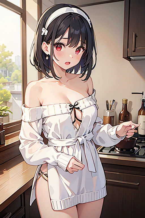 masterpiece, yor, 1girl, Bust A Cup, Amazing Cleavage:1.0, thin waist, big ass, Raised sexy, small breast: 1.2 posed cleavage:1.2、solo, looking at viewer, open mouth, have a cute grass of cute beergrass,black hair, red eyes, dress, bare shoulders, jewelry, collarbone, sidelocks, hairband, earrings, indoors, off shoulder, :o, sweater, arms behind back, plant, short hair with long locks, white hairband, off-shoulder dress, sweater dress, off-shoulder sweater, red sweater, big side hair, very long side hair,is rendered in (masterpiece: 1.2, best quality), with (ultra high resolution) and an exquisite (depth of field). This masterpiece is not only visually stunning but also tells,A scene of cooking in the kitchen
