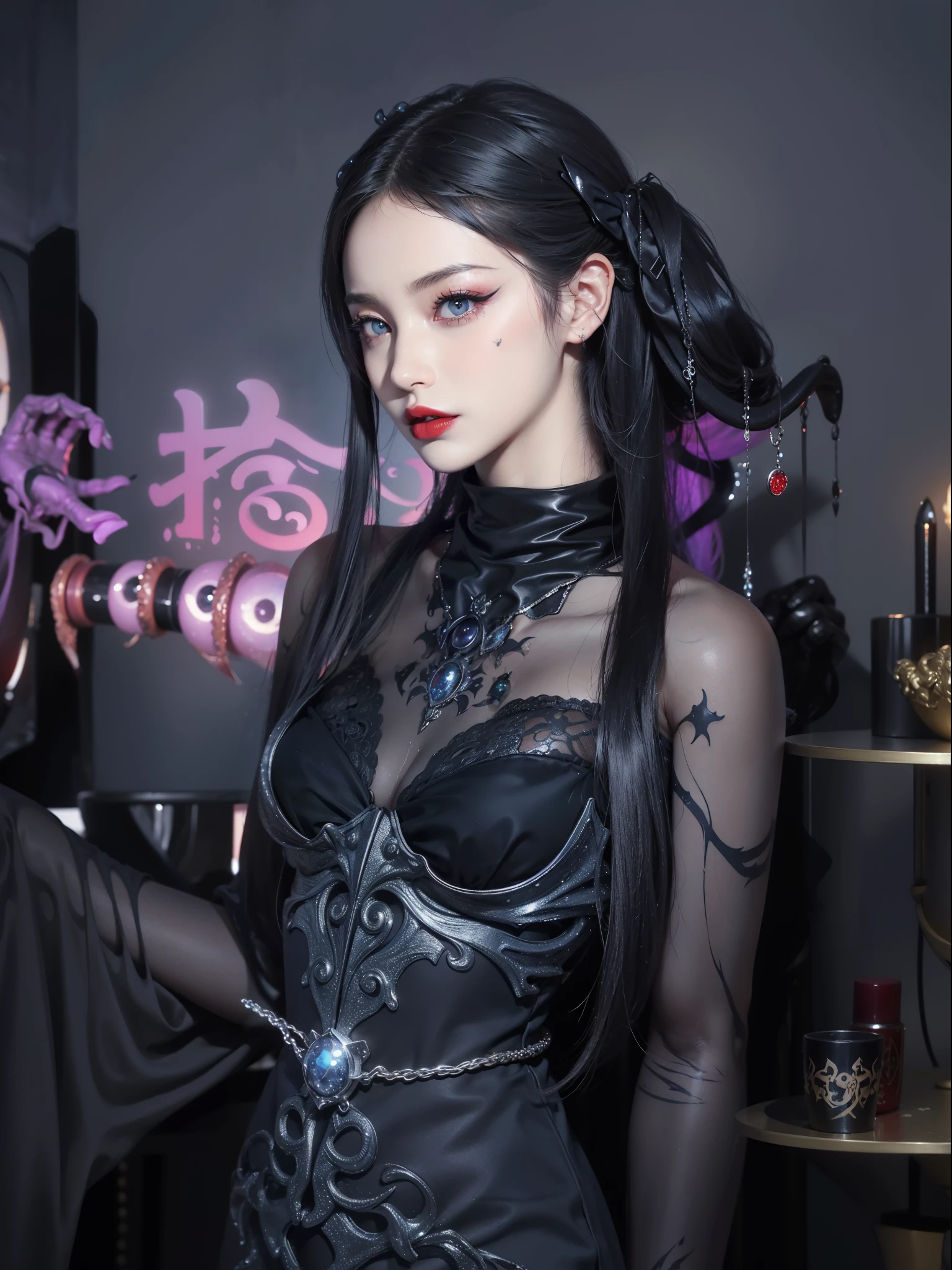 Detailed image quality，Witch Pandora，wing, Succubus Theme，堕落Angel，Excellent，scary，Secret Terror，Tentacles，With eyes，Uncanny Valley Effect，Beast Blood Moon，skeleton，vampire，Hellfire，Dark Queen，Angel，magician magic witch，16岁Angel，Eyes are blue(Pupils as deep as the starry sky)，Gorgeous tattoo designs all over the body，Surreal photos(8K picture quality，Rich in details)，Dark eyeshadow，Sexy thick lips(Red lipstick)，Tattoo designs on body，Dark Queen，Light Armor，Templars