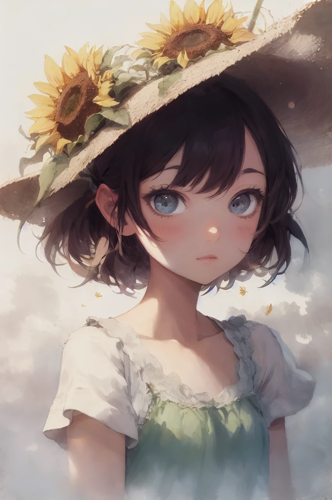 Absurd, High resolution, Super detailed, (One beautiful girl:1.3), Sunflower Reminiscence, de luz, 
Watercolor style, Soft Blending, Dreamy wash, Warm texture