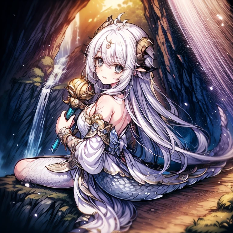 (masterpiece), best quality, highly detailed, (1dragon girl) , detailed beautiful face and eyes, ************, (a semi-human girl with scaly limbs and a dragonian_tail), beautiful detailed eyes, white dress, long hair, off-shoulder dress, barefoot, seductive_smile, holding scepter, (circlet), magic light, dragonian_head, dragonian_horns, dragonian_hairstyle, dragonian_body, ridge, waterfall