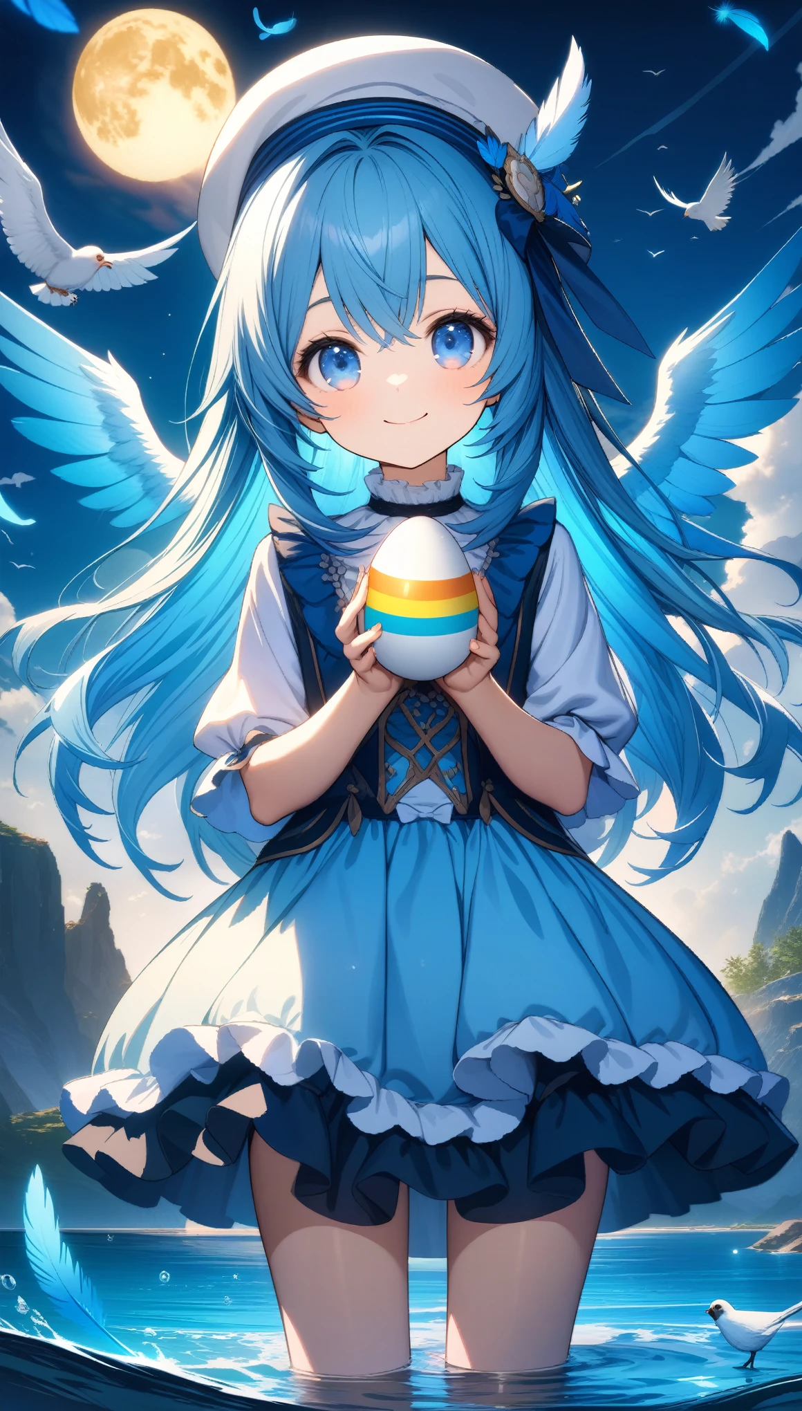 32k, best quality, ultra high res, HDR, UHD, extremely detailed CG, unity 32k wallpaper, A world full of eggs, 18-year-old, Holding a rainbow-colored egg in both hands, Very cute girl, Blue Hair, Long Hair, blue eyes, A beautiful and cute blue dress, from the front, A very beautiful sea background, Standing on the water, Particles that glow blue, bird, cloud, Egg with wings, Close your mouth and smile happily, A cute hat with blue feathers, (wing), full moon,