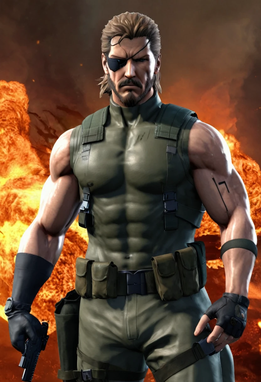 The image features a man (metal gear solid snake) standing against a fiery background. He has a rugged appearance with a full beard and mustache, and his hair is styled in a messy manner. His attire consists of a sleeveless top with a high collar, revealing his muscular arms and shoulders. Around his waist, he wears a utility belt with various pouches and tools attached to it. The man's pose suggests readiness for action, with one hand resting on his hip and the other holding a weapon with both hands gripped firmly.
