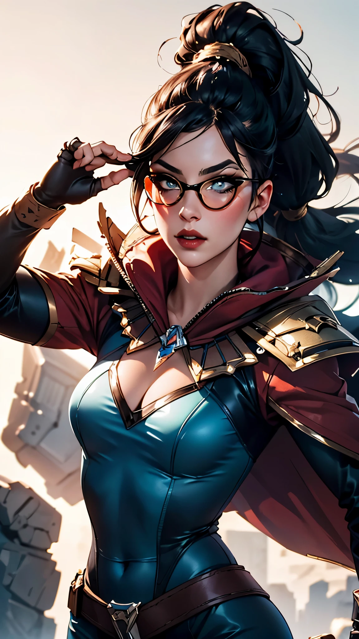 cleavage, (masterpiece:1.2), (best quality), (ultra detailed), (8k,4k),(half body:1.2),(cowboy:1.2),(highly detailed:1.2),(detailed face:1.2), (detailed background),(portrait),detailed landscape,(dynamic pose:1.2),(perfect lightingbest quality),vayne 1girl, solo, long hair, looking at viewer, black hair, gloves, upper body, ponytail, cape, sunglasses, adjusting eyewear, looking over eyewear