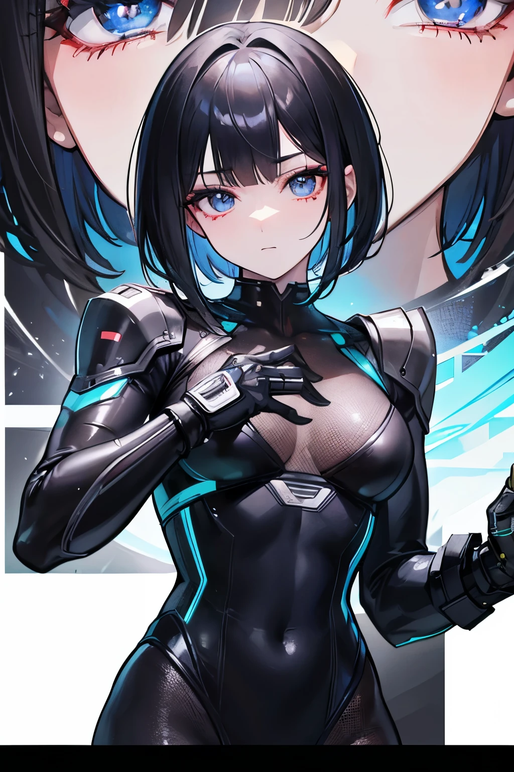 (Masseter muscle area,highest quality,Super detailed), (Detailed face), Poster, High resolution, One Girl, (View from the front), (cyber punk), (Lucy), Black Hair, (Black hair with bangs,), (Bobcut), Two-tone hair, Gold Eye, Black underwear, Full Figure, Flat Chest, (Beautiful detailing: 1.1), (Detailed hands), (Detail Light: 1.1), Film Light, Fair skin, (Looking at the audience), Fashionable, Textured skin, Super detailed,