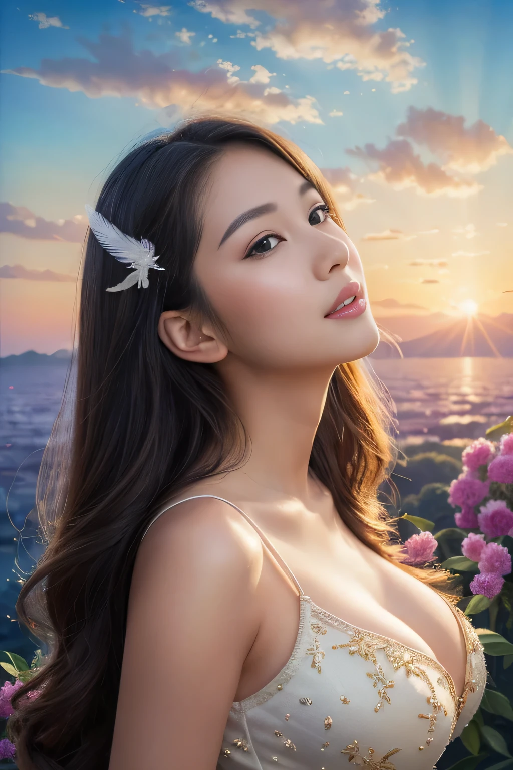 (highest quality,8k,High resolution:1.2),(Beautiful realistic Asian:1.4)、(Cute Japanese Girl:1.4),(Huge breasts:1.20),(glamorous)、feather、Messenger of God、Flight 、Artistic Background、spiral、Spiritual Light、skyline、Heavenly Border Del、Sexy pose、The Realm of Divine Spirits、Professionalism、(Beautiful paintings:1.5), A ray of light、aura、Awesome people々、Heavenly Treasure、(fruit、summer)、Above the Clouds、