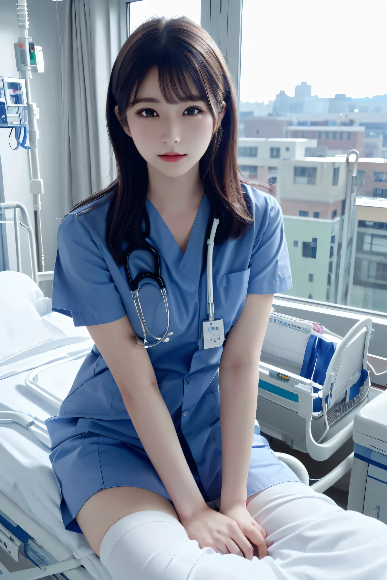 highest quality, (Beautiful nurse:1.2), (A hospital ward in the background:1.3), Incredible detail, Very detailed, composition, Super detailed, (Realistic), Light leakage, Trending on Art Station, Sharp focus, Absurd, Depth of written boundary