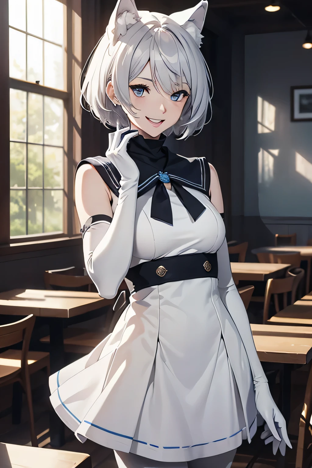 Tabletop High resolution Best image quality 8k Adult female Portraiture White long gloves(Elbow Gloves) White pantyhose Sailor suit(Sleeveless) White wolf ears short hair((Shortcuts)(Gray Hair)(Perm)(fluffy)) Eye color is blue Attractive face((Laughter)(smile)(Open your mouth)) Are standing
