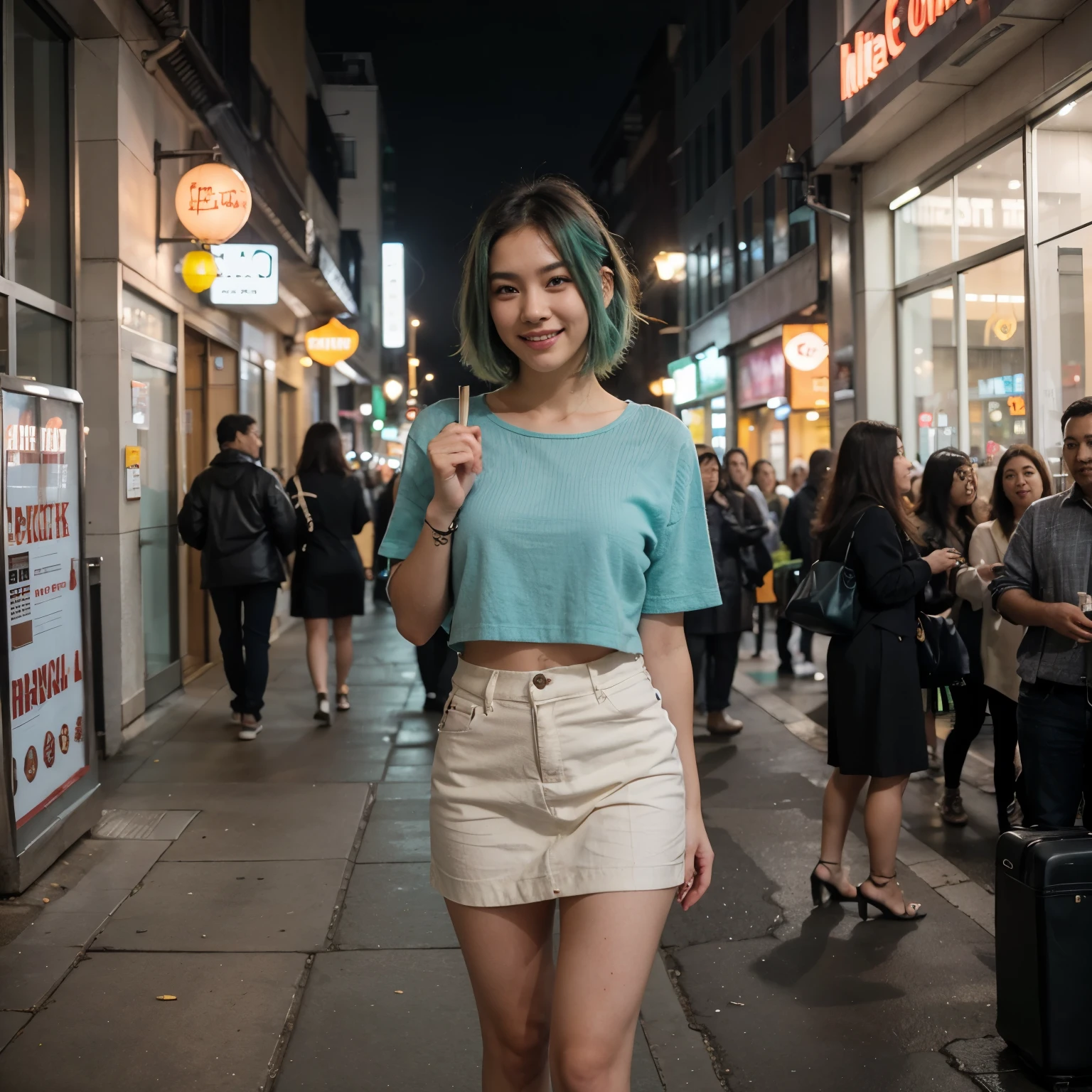 A stunningly cute 26-year-old Asian woman with smooth, glowing skin, short, teal green hair cut in a stylish bob, and sparkling brown eyes. She is walking through the bustling city streets, wearing a chic outfit that complements her vibrant hair color. Her smile is warm and inviting, exuding youthful energy and charm. The background includes tall buildings, busy sidewalks, and the lively atmosphere of an urban environment