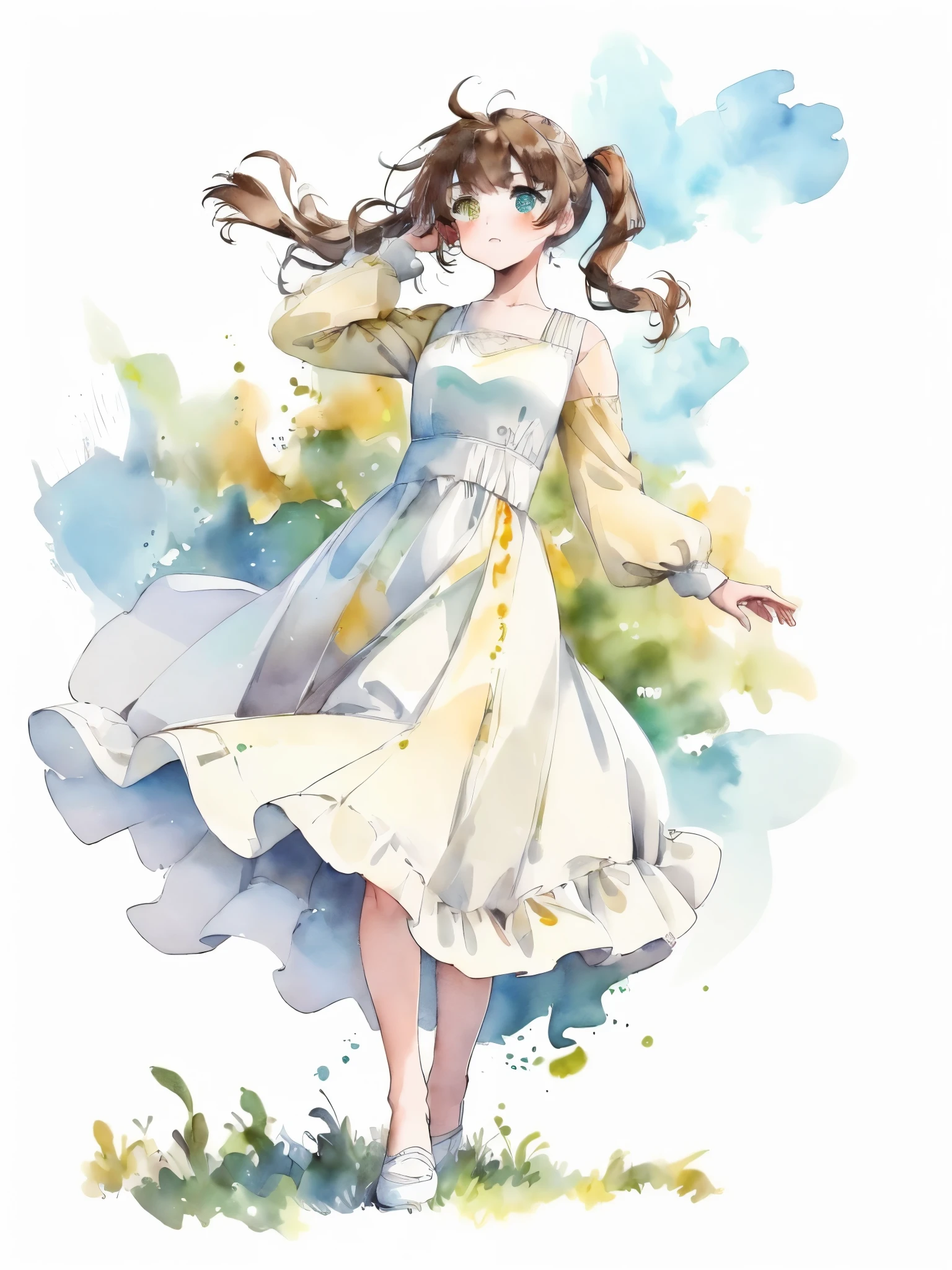 (((masterpiece, highest quality,8k))),Twin tails,Brown Hair,medium hair,tareme:1.6,(heterochromia green eye yellow eye),(looking away),(full body),shoot from below,White dress,long dress,Hair blowing in the wind,Standing on a windy hill,((hand in own hair))