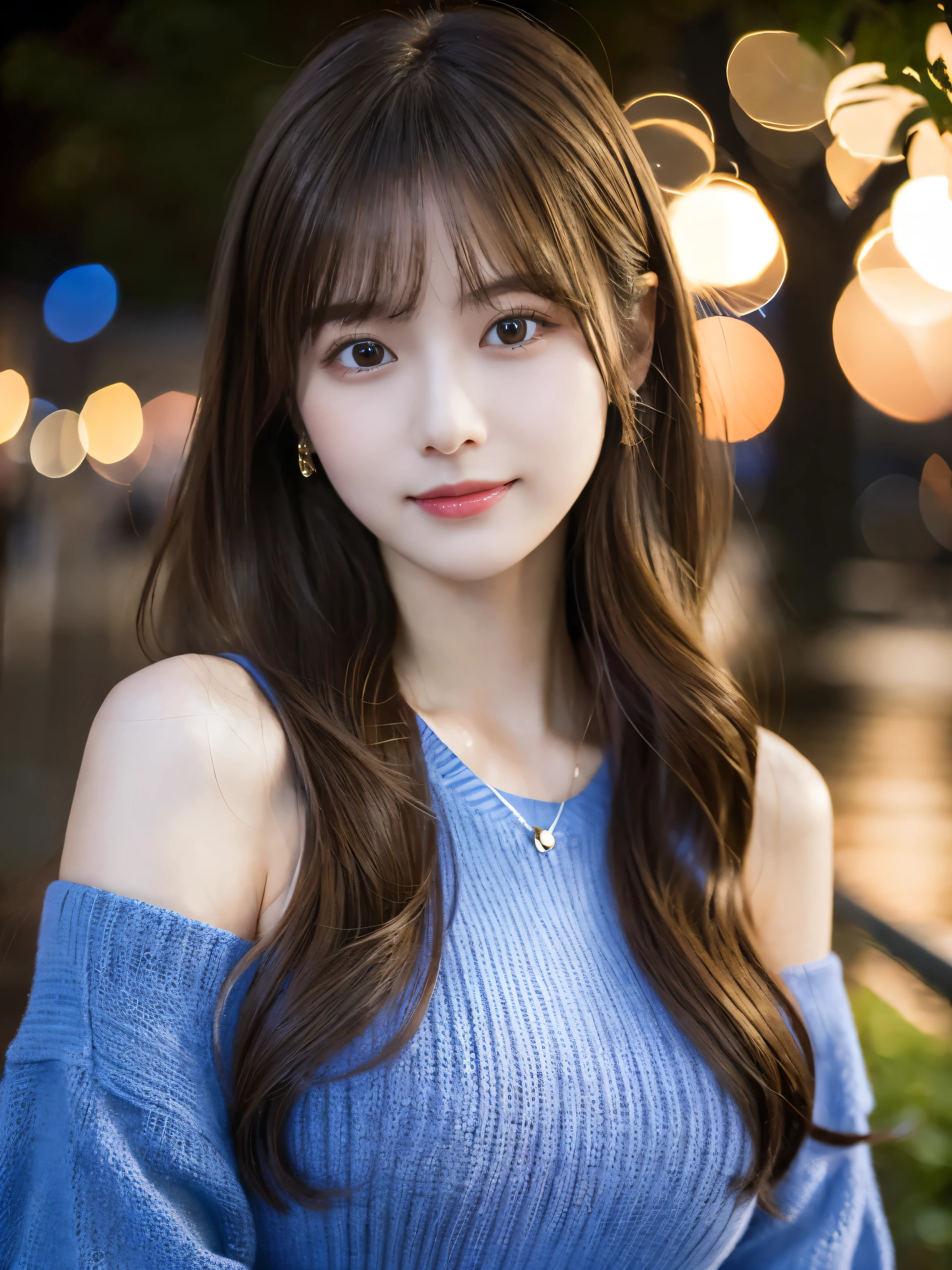 masterpiece, 1 beautiful girl, Detailed eyes, Puffy eyes, highest quality, 超A High resolution, (Realistic : 1.4), Cinema Lighting, Japanese, Asian Beauty, Super Beauty, Beautiful Skin, Slender, (Super realistic), (High resolution), (8k), (High resolution), (Beautiful and detailed eyes), (Super detailed), (wallpaper)、Detailed face, Bright lighting, Professional Lighting, View Art, (The outfit is a blue knit dress), Long Hair, My hair is messy, Asymmetrical bangs, Night Scenery, Brown Hair, Japan is an idol, Korean Idols, Gravure idol pose, Age 25, expensive, smile, Flower park scenery at dusk, (((Front facing body position))),