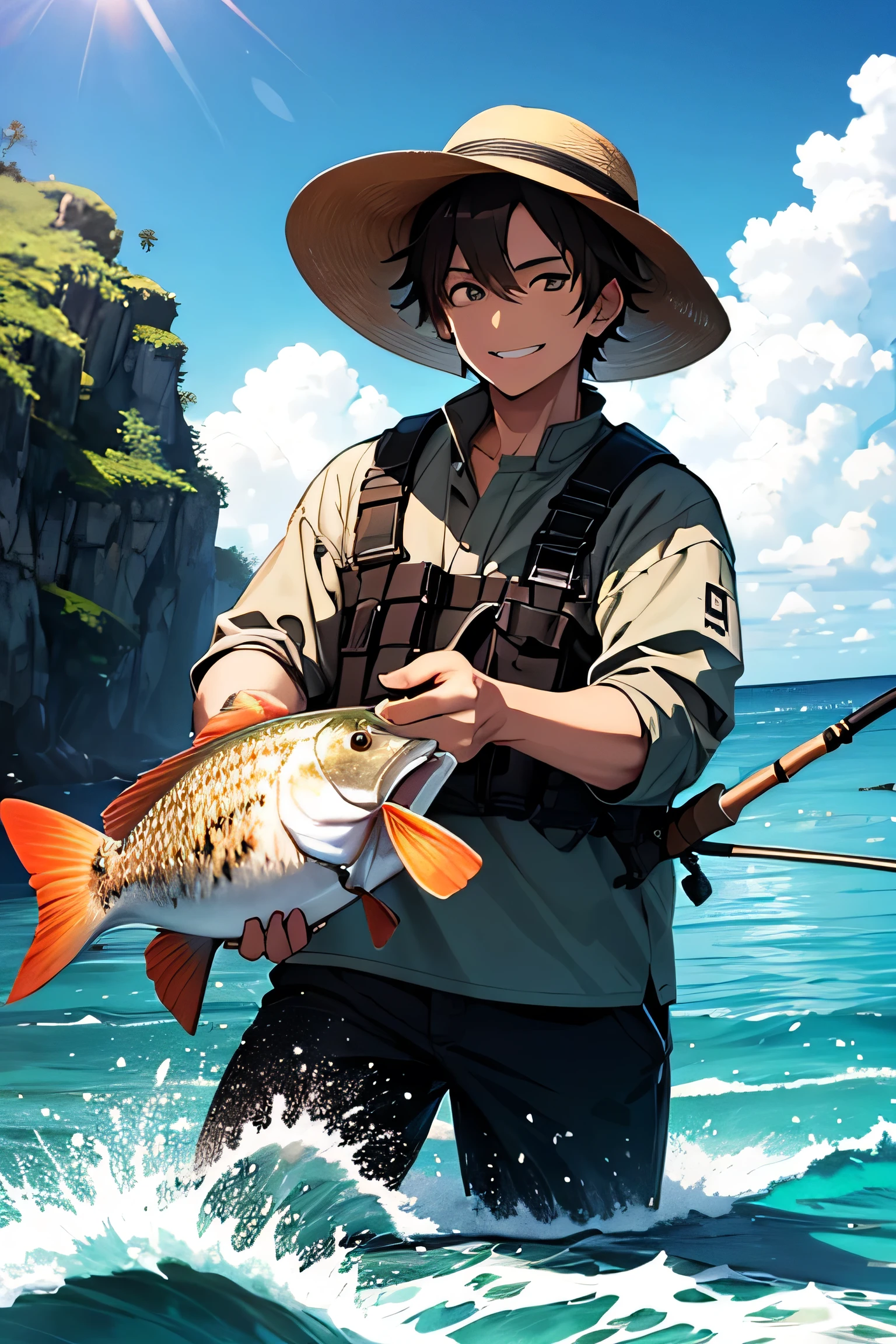 male、one person、40 years old、Holding a fishing rod in hand、hat、Dark brown short-haired、front、smile、Ocean Background、sunny