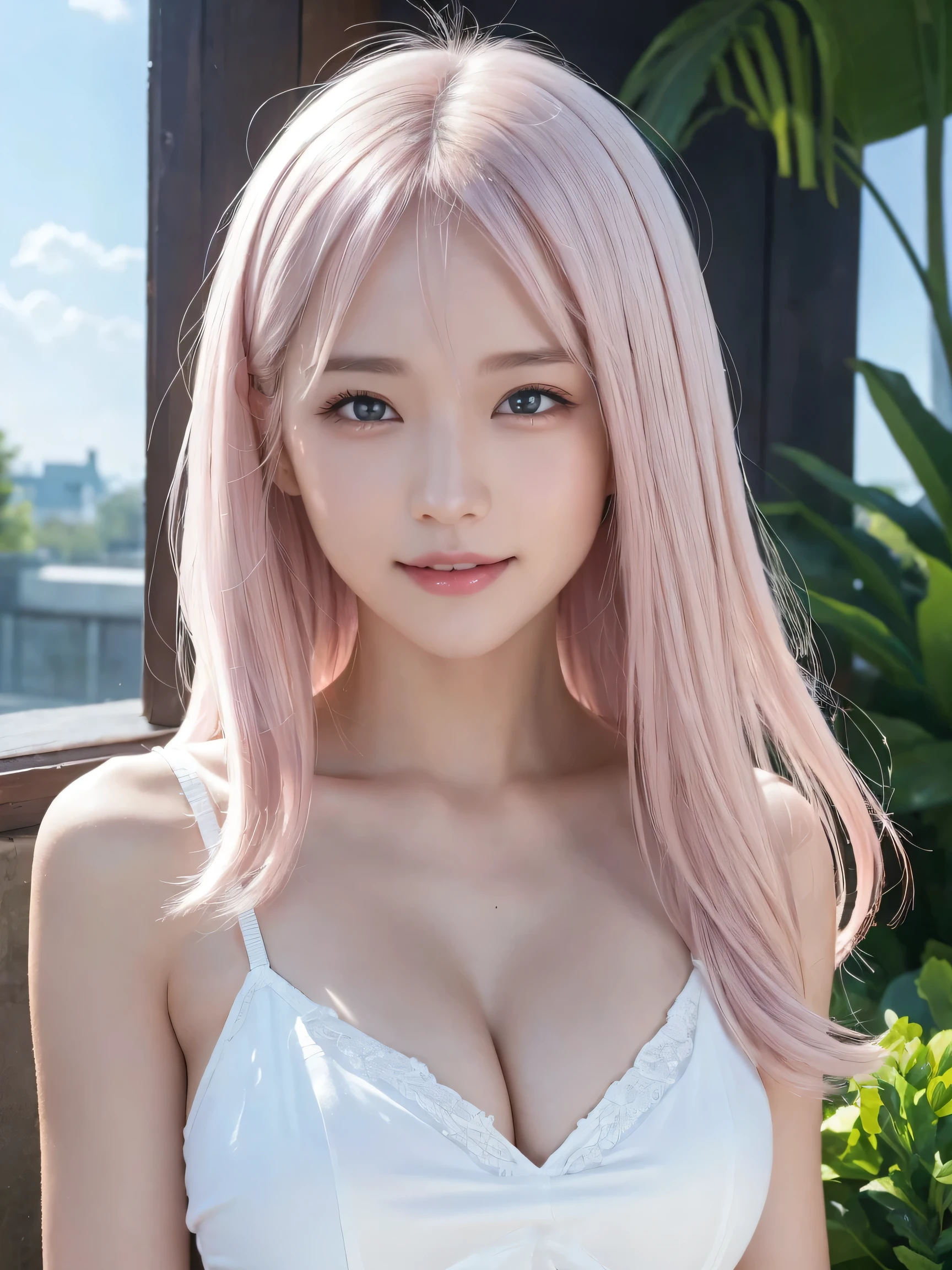 （（highest quality，8k，masterpiece：1.3））），Clear focus：1.2，（Layered Cut，big：1.2），Beautiful woman with perfect figure：1.4，Slim Abs：1.2，Moist Body：1.5，Highly detailed face and skin texture，Fine grain，double eyelid，Long white hair，（Beautiful Eyes：1.3），（smile：1.3），（Both eyes are the same size：1.4），（Light pink hair：1.3），（Smiling lips：1.3）