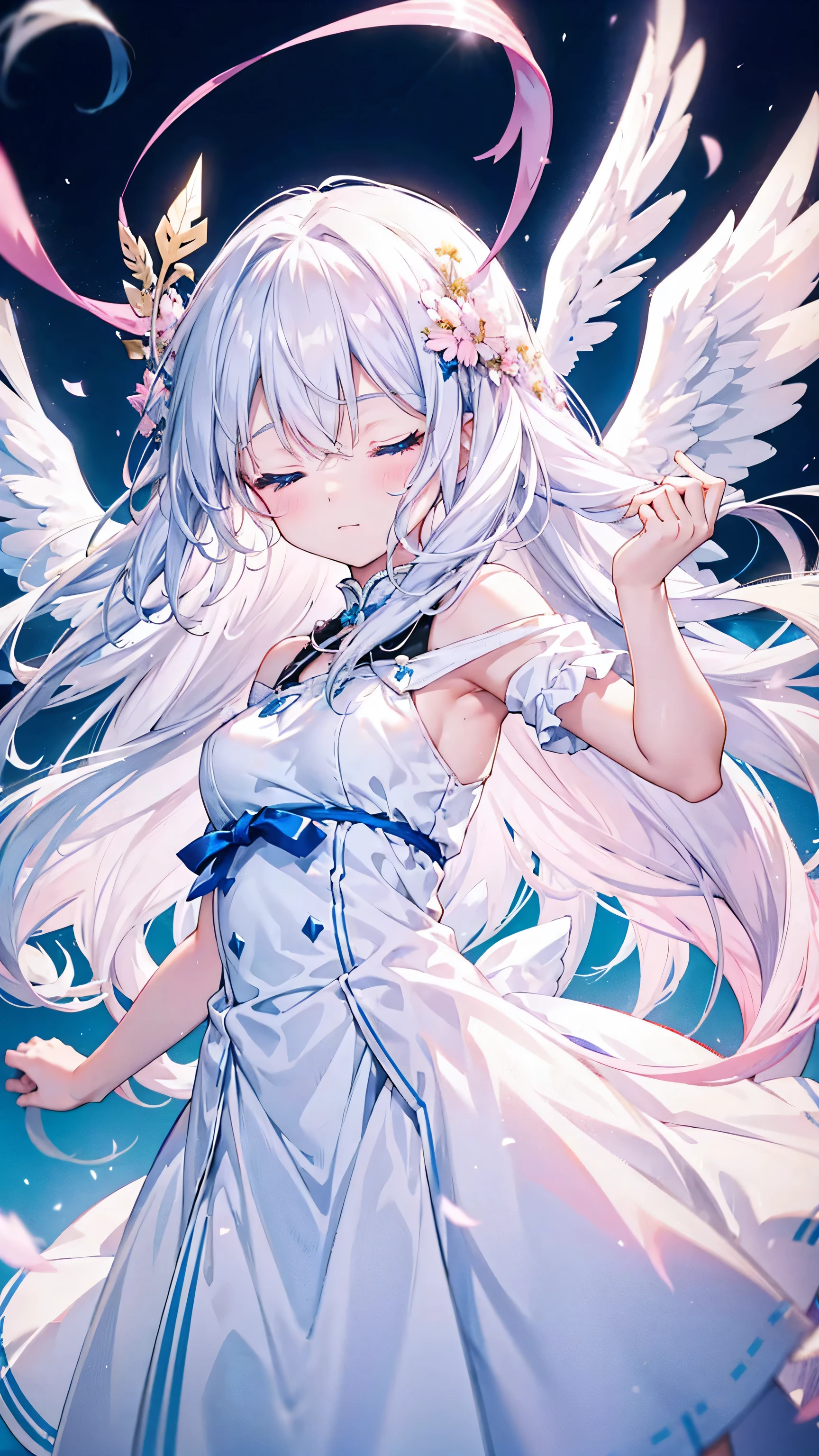 A cute angel girl with long white hair and blue eyes、、body floating in the air、dance、Both eyes closed、happiness、Angel wings on the back、White dress、The background is pink、There's a lot of light like dandelion fluff