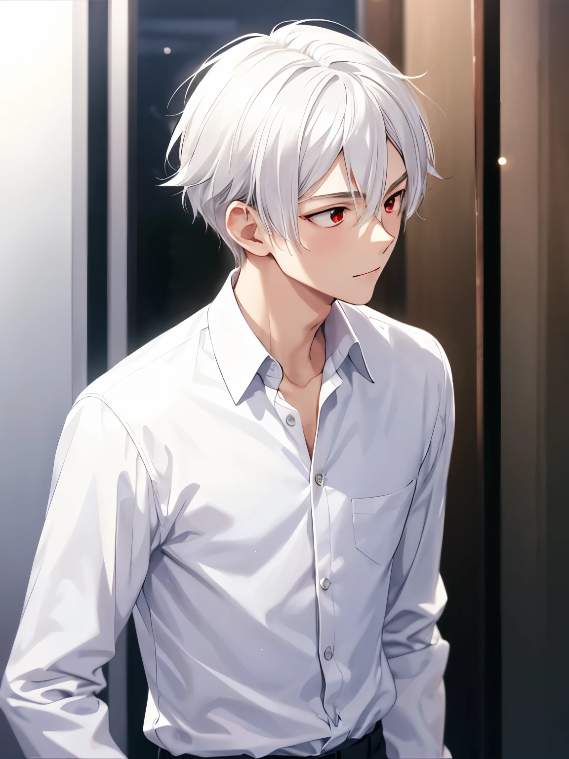 1boy,Standing, cool style, looking away, slight smile,18 years old,guy, at night,close up photo,handsome,side parted hair,short hair, straight hair, white hair, white shirt,Long-sleeved shirt,white trousers,red eyes, vampire,close up photo