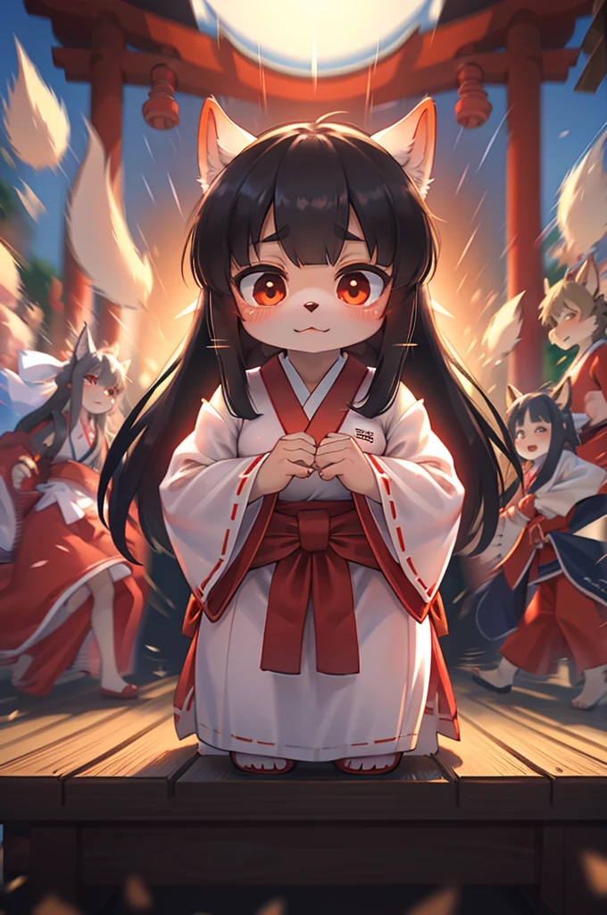 Bokeh , (zoom blur:1.5) , front view , 1 hairy inari girl and oni , Short stature , realistic hairy fur , Straight black Long Hair , Round face, swollen cheeks,round eyes , neat hair ties , Japanese Shrine Maiden Clothing , dynamic Exorcism action , in the Inari Shrine