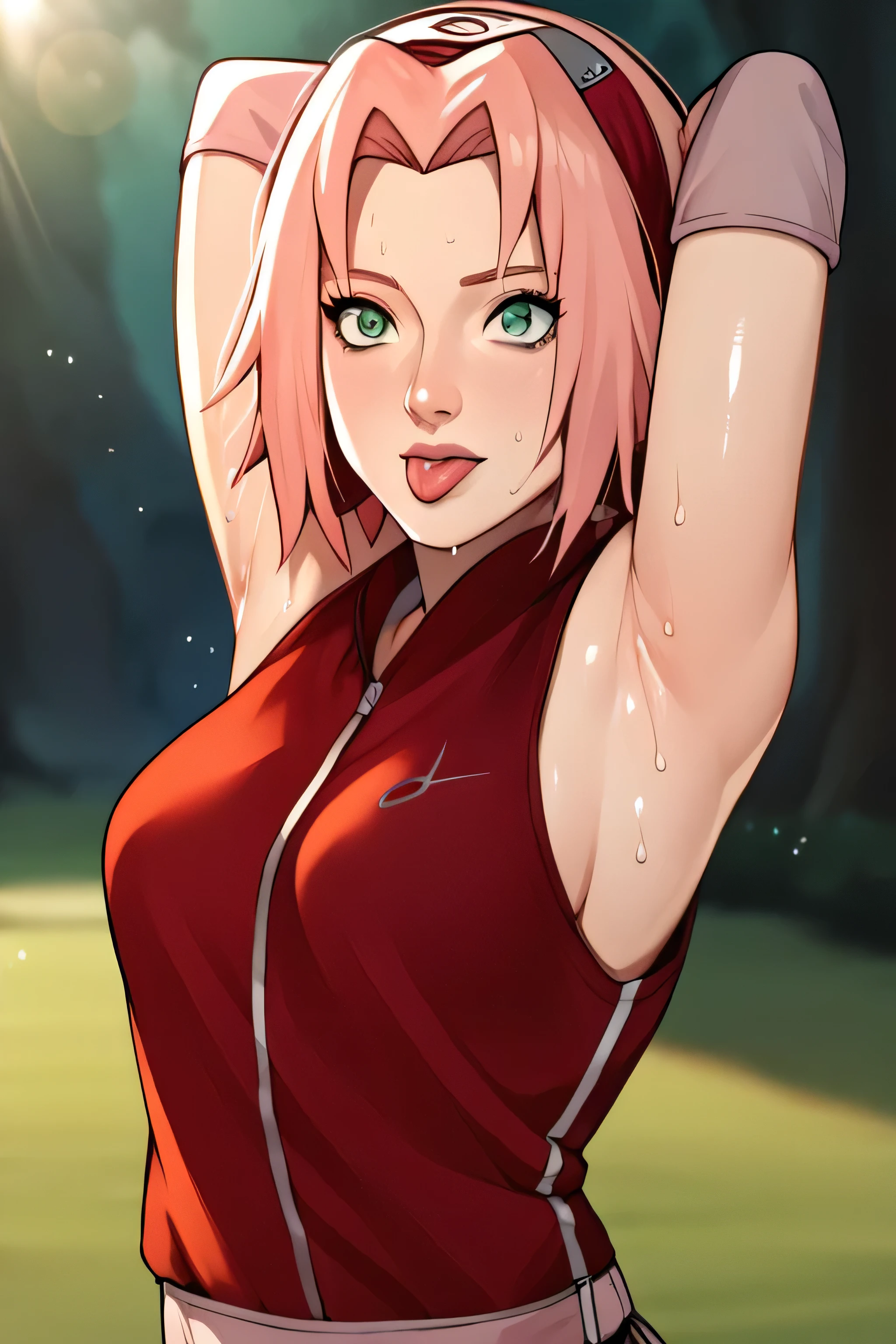score_9,score_8_up,score_7_up,score_6_up,score_5_up,score_4_up BREAK skinny,choker,medium breasts,detached sleeves,outdoors,forest,shiny skin,bokeh,bloom,indoors,light particles,castle,space,1girl,haruno sakura,pink hair,short,hair,green eyes,forehead protector,,sleeveless,arms behind head,armpit,armpits,sweaty,sweat,arms behind head,exhausted,sleeveless,cross eyed,sweaty armpits,eyes crossed,cross eyed,eyeroll,tongue out,protruded tongue,showing tongue,tongue