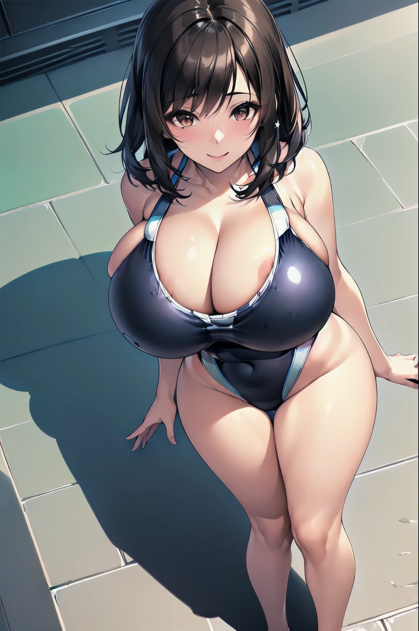 ((competition swimsuit:2.0)),(beautiful detailed eyes:1.5),(ultra-detailed face:1.5),(living room:1.5),(From above:2.5),(((medium hair:1.3,black hair:1.5))),(brown eyes:2.0),(from directly above:1.5), (1 girl:2.0),(under breasts:2.0),(Smile Beam:1.5),((huge breasts:2.5)),(huge saggy breasts:2.5), ((cleavage:2.0)),((competition swimsuit:2.0)),((High leg:2.0), 20 years old,masterpiece,hyper quality, very detailed,perfect picture,3D,8k,High resolution,seductive anime girl, sporty hairstyle,Smooth anime CG art, 