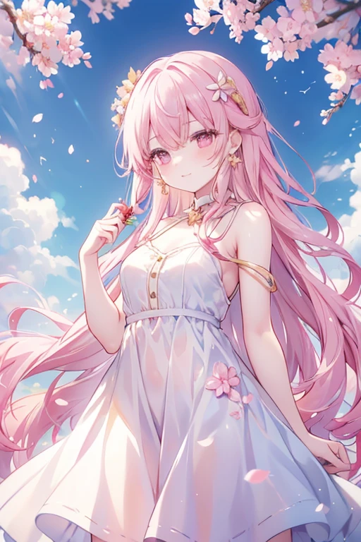 cherry_blossoms, falling_petals, petals, branch, pink_flower, 1girl,20-year-old, blue_sky, spring_\(season\), petals_on_liquid, flower, hanami, dress, (golden long curly hair: 1.5), wearing flower wreath, sky, outdoor, Clouds, bangs, smile, pink eyes, white dress with cherry blossoms, bare shoulders, earrings, best quality. Picture perfect. holding_flower, wind, tree, looking_at_viewer, cowboy shot, detail enhancement.