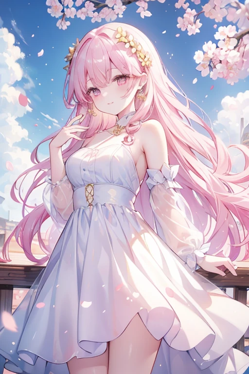 cherry_blossoms, falling_petals, petals, branch, pink_flower, 1girl,20-year-old, blue_sky, spring_\(season\), petals_on_liquid, flower, hanami, dress, (golden long curly hair: 1.5), wearing flower wreath, sky, outdoor, Clouds, bangs, smile, pink eyes, white dress with cherry blossoms, bare shoulders, earrings, best quality. Picture perfect. holding_flower, wind, tree, looking_at_viewer, cowboy shot, detail enhancement.