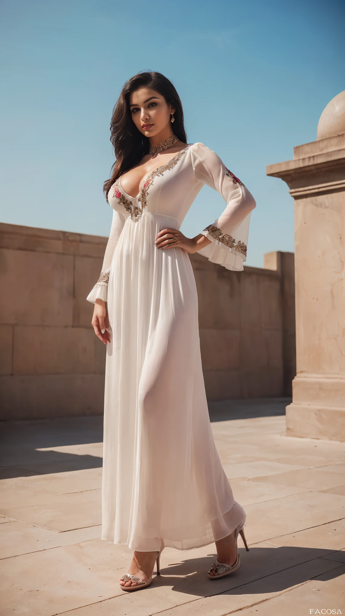 ((girl outdoor, luxurious outdoor city, luxurious place,),
(((Full body shot))), (elegant standing position, straight standing pose,), (looking at viewers, front view, front view), (masterpiece, hyper realistic, hyper detailed, photoshop, photorealists), 20 years old lady, 16k, FHD, UHD, high quality pictures, extremely detailed, candid brightness, candid shots, (iconic picture shot, perfect brightness, perfect contrast, perfect colour), (pretty face, iconic face), (detailed face, detailed eye, detailed lips, detailed neck, ultra realistic face, ultra realistic eye, ultra realistic lips), (attractive hair style, beautiful hair style), (sagging perky breasts, perfect rounded breasts, attractive breasts), (attractive body figure, perfect body figure, perfect figure, curvy_figure, hourglass_figure, wide hips), (embroidery High heels, fancy high heels), (Indian goddess, goddess),
((Fancy embroidery maxi, ruffled maxi, maroon maxi, fancy maxi, ruffled maxi, flared maxi, dense flared ruffled maxi, fancy sleeves, iconic maxi, luxurious maxi, masterpiece maxi)). , ,