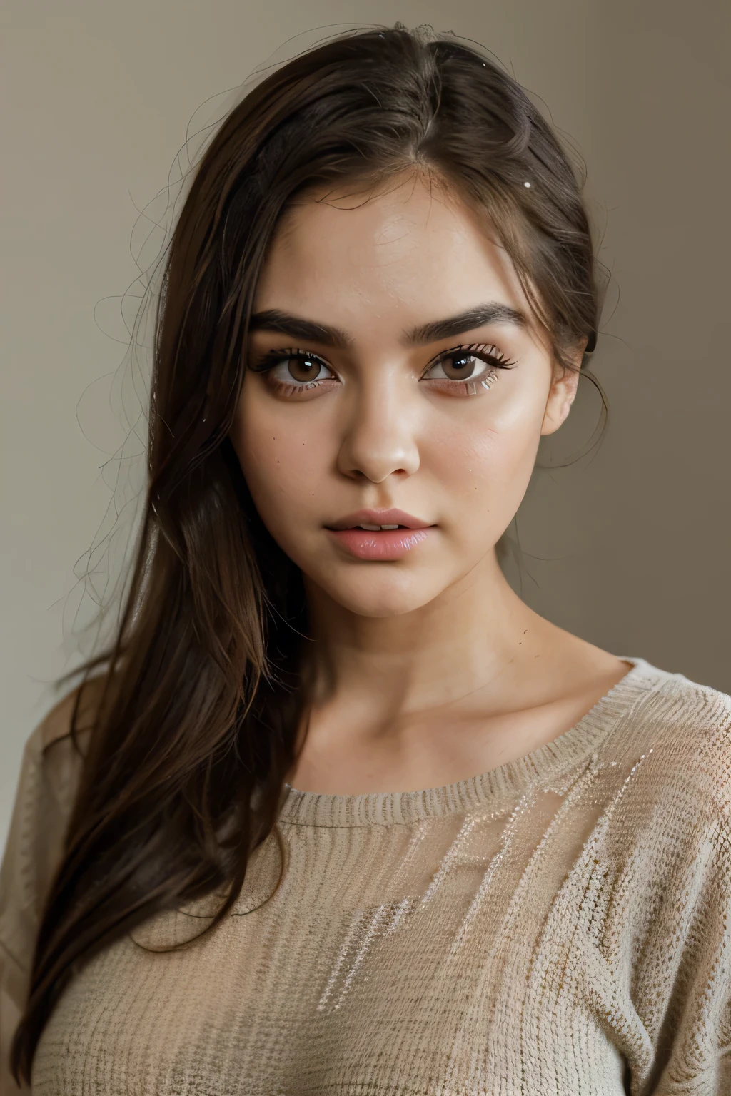 realistic model-girl with plump lips, big eyes, wide eyebrows