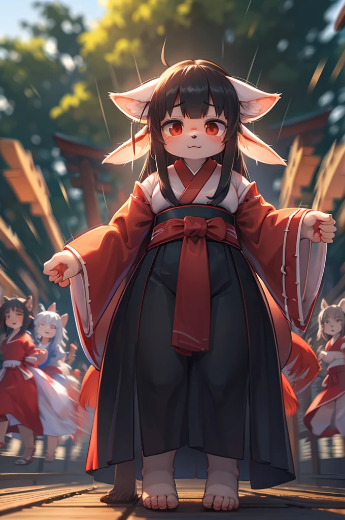Bokeh , (zoom blur:1.5) , front view , 1 hairy inari girl and oni , Short stature , realistic hairy fur , Straight black Long Hair , Round face, swollen cheeks,round eyes , neat hair ties , Japanese Shrine Maiden Clothing , dynamic Exorcism action , in the Inari Shrine