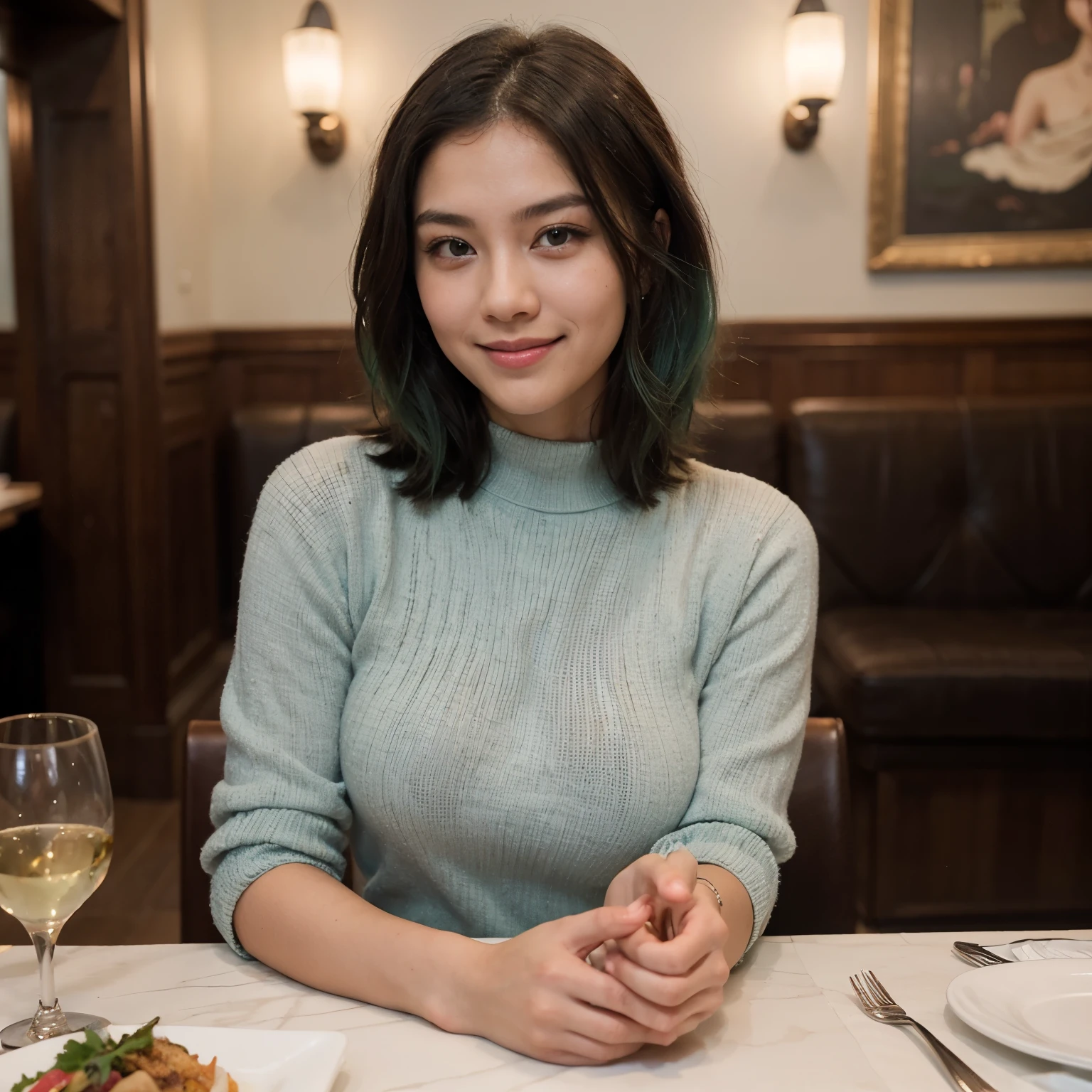A stunningly cute 26-year-old Asian woman with smooth, glowing skin, short, teal green hair cut in a stylish bob, and sparkling brown eyes. She is sitting at a table in a luxurious restaurant, enjoying a meal. She is wearing a chic black sweater that complements her vibrant hair color. Her smile is warm and inviting, exuding youthful energy and charm. The background includes elegant restaurant decor, soft ambient lighting, and a sophisticated, upscale dining atmosphere