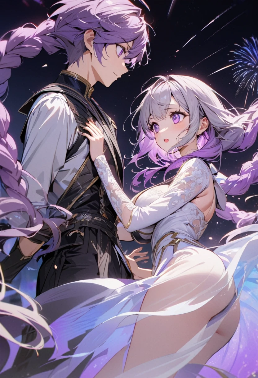 (A couple, beautiful girl and boy), Big watery eyes, Look at each other, purple hair,purple eyes,very long hair,grey hair,double braid,large breasts,gradient hair,Wearing white clothes, Fine hair, Wear fashionable clothing, Flowing tulle, Light Silk,Fireworks explode overhead, Clean colors, Decisive felling, Blank, Mode, masterpiece, Super detailed, epic work, high quality, Highest quality, 4k