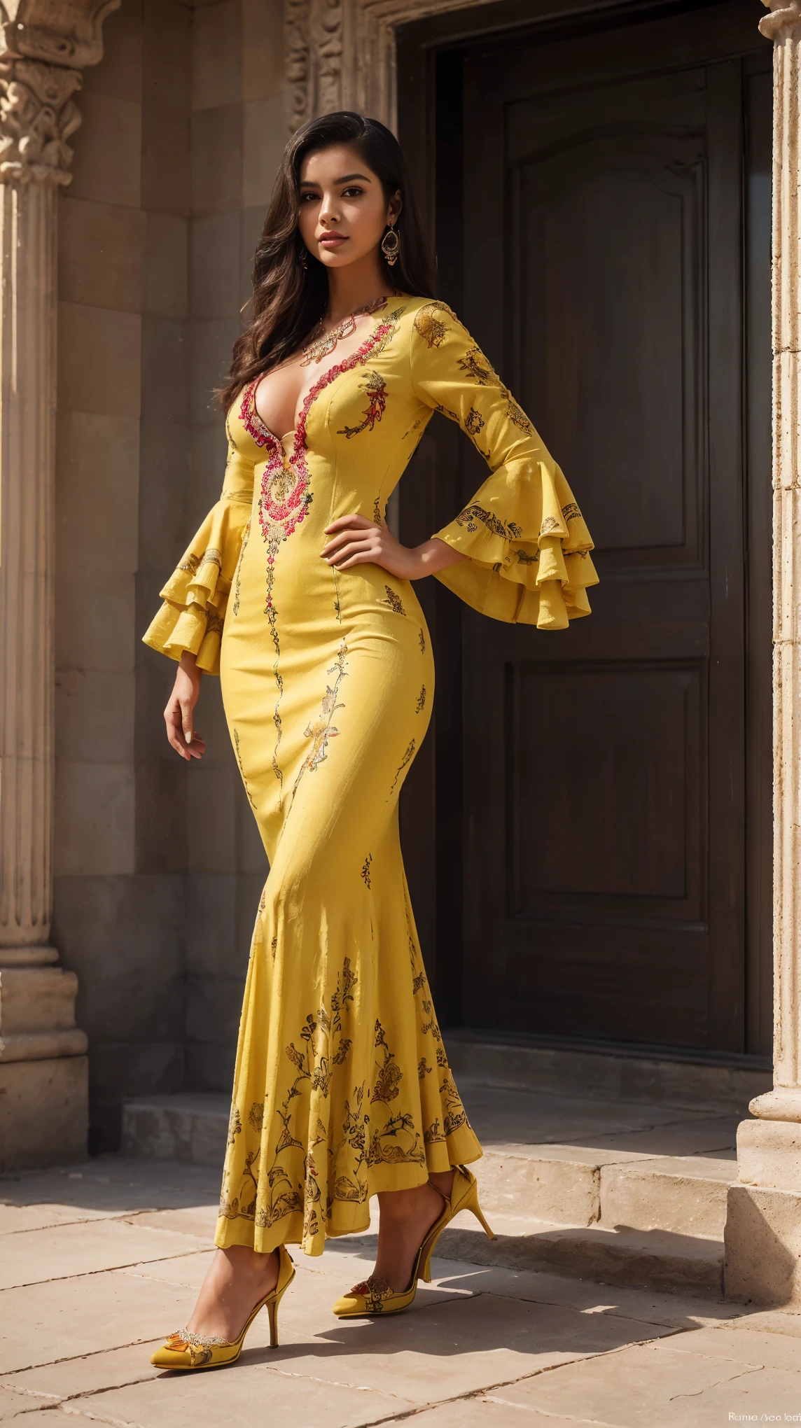 ((girl outdoor, luxurious outdoor city, luxurious place,), 
(((Full body shot))), (elegant standing position, straight standing pose,), (looking at viewers, front view, front view), (masterpiece, hyper realistic, hyper detailed, photoshop, photorealists), 20 years old lady, 16k, FHD, UHD, high quality pictures, extremely detailed, candid brightness, candid shots, (iconic picture shot, perfect brightness, perfect contrast, perfect colour), (pretty face, iconic face), (detailed face, detailed eye, detailed lips, detailed neck, ultra realistic face, ultra realistic eye, ultra realistic lips), (attractive hair style, beautiful hair style), (sagging perky breasts, perfect rounded breasts, attractive breasts), (attractive body figure, perfect body figure, perfect figure, curvy_figure, hourglass_figure, wide hips), (embroidery High heels, fancy high heels),  (Indian goddess, goddess), 
((Fancy embroidery maxi, ruffled maxi, yellow maxi, fancy maxi, ruffled maxi, flared maxi, dense flared ruffled maxi, fancy sleeves, iconic maxi, luxurious maxi, masterpiece maxi)). , ,
