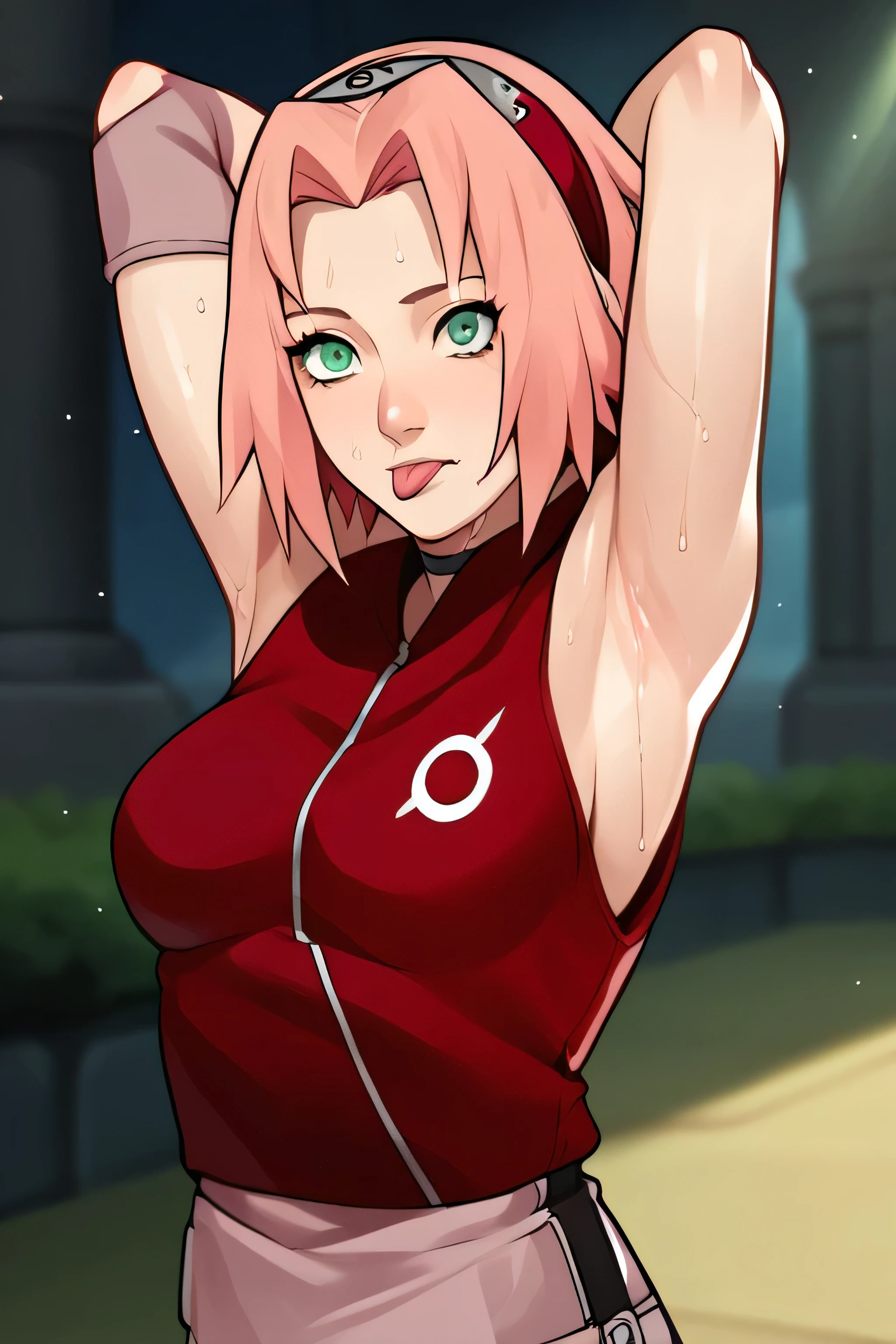 score_9,score_8_up,score_7_up,score_6_up,score_5_up,score_4_up BREAK skinny,choker,medium breasts,detached sleeves,outdoors,forest,shiny skin,bokeh,bloom,indoors,light particles,castle,space,1girl,haruno sakura,pink hair,short,hair,green eyes,forehead protector,,sleeveless,arms behind head,armpit,armpits,sweaty,sweat,arms behind head,exhausted,sleeveless,cross eyed,sweaty armpits,eyes crossed,cross eyed,eyeroll,tongue out,protruded tongue,showing tongue,tongue