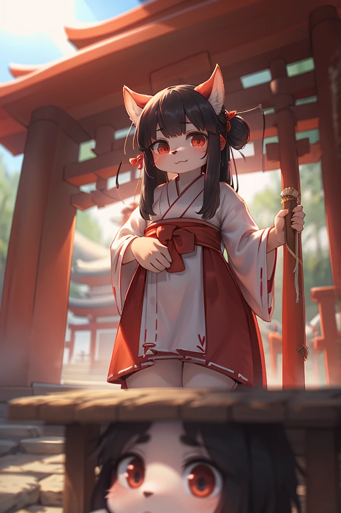 Bokeh , (blur:1.5) , front view , 1 hairy inari girl and oni , Short stature , realistic hairy fur , Straight black Long Hair , Round face, swollen cheeks,round eyes , neat hair ties , Japanese Shrine Maiden Clothing , dynamic Exorcism action , in the Inari Shrine