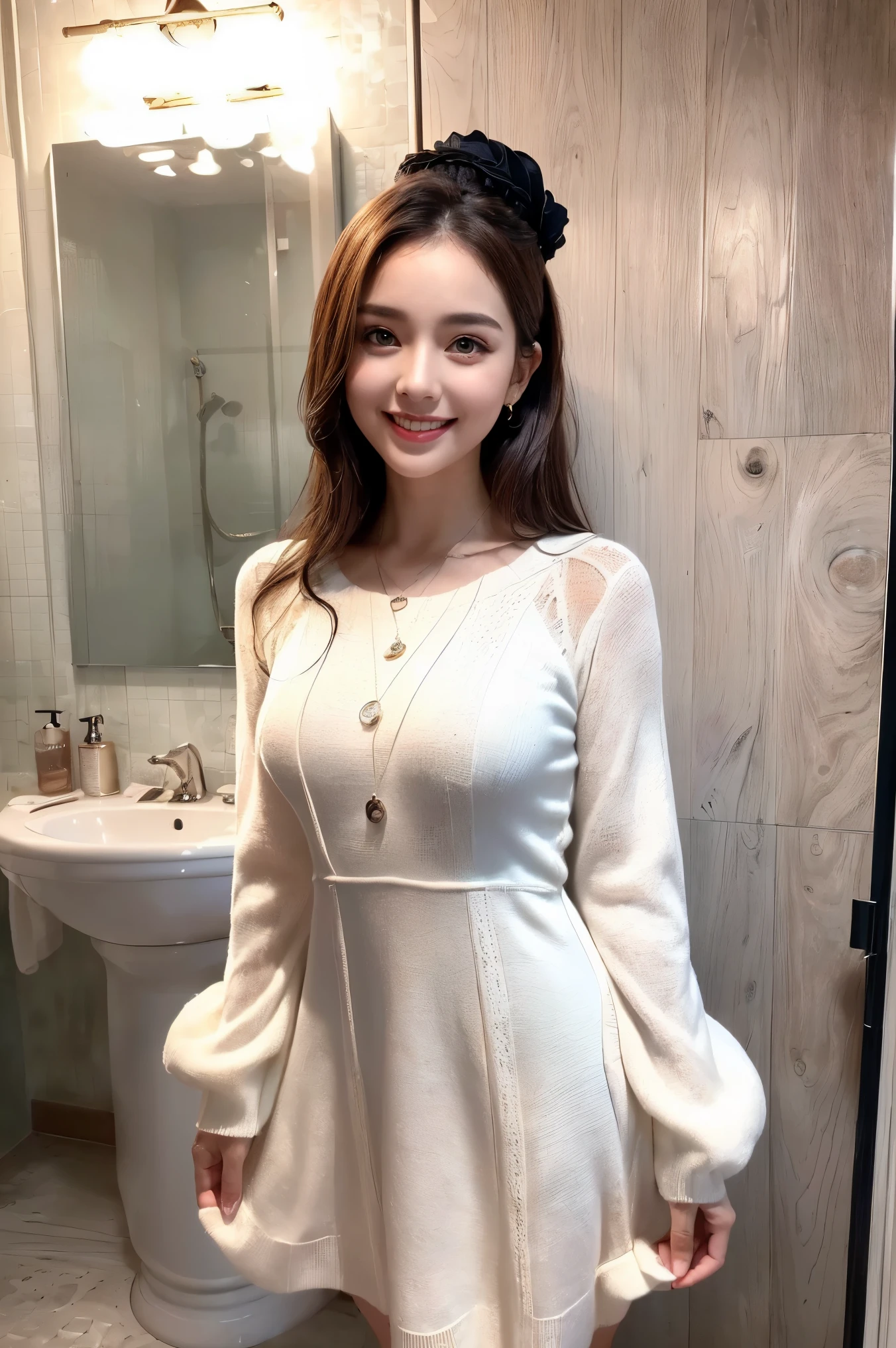 cute, (cute 1girl:1.35, 20-year-old), realism, (High resolution), ((Chiaroscuro, ray tracing lighting)), ((Highest quality realistic textured skins)),((Highest quality realistic textured hair)), ((The most absurd quality: perfect body)), ((Small Head:1.3)), slim and muscular body, ((Perfect balance)), ((Anatomically correct)), ((Perfect Dynamic Posture, Super K-Pop Idols)), ((Highly detailed beautiful slim round face:1.3)), Light pale complexion, ((Highly detailed, clear and sharp perfect round realistic aqua_left eye:1.2)), ((Highly detailed, clear and sharp, perfectly round and realistic crimson_right eye:1.2)),Detailed pupils, Best detailed lips, ((Perfect Professional Delicate Everyday Makeup)), ((Wearing a loose, fluffy white knit dress:1.3)), A close-up of her face, (Architectural masterpieces in the background, Victorian bathroom features modern nautical accents:1.25), ((A radiant smile, Happy atmosphere)), ((Perfect subtle everyday makeup)),
