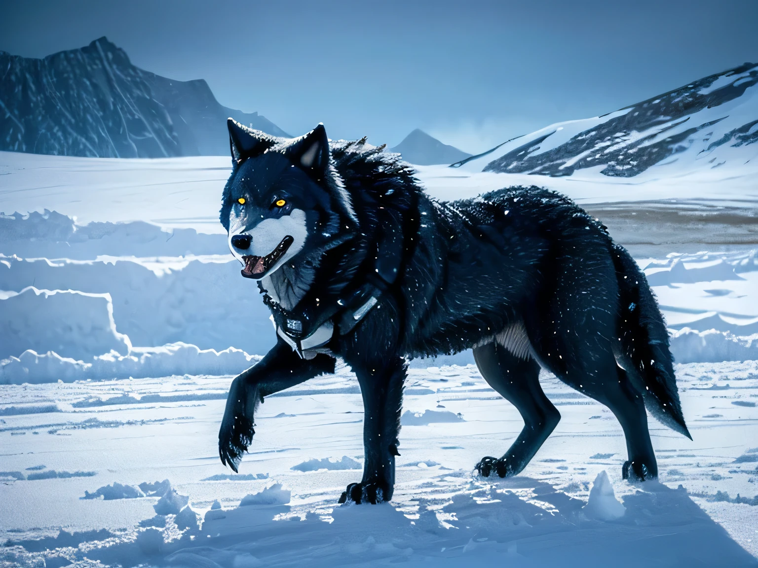 ((Fenrir:1.2)), ((Wolf:1.1)), ((Snow field:1.1)), ((Blizzard:1.2)), (Huge body), ((midnight:1.1)), (Restrained by chain),
