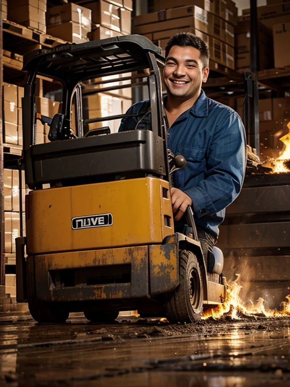 A guy with a big smile is driving a forklift loaded with a pile of burning palettes
