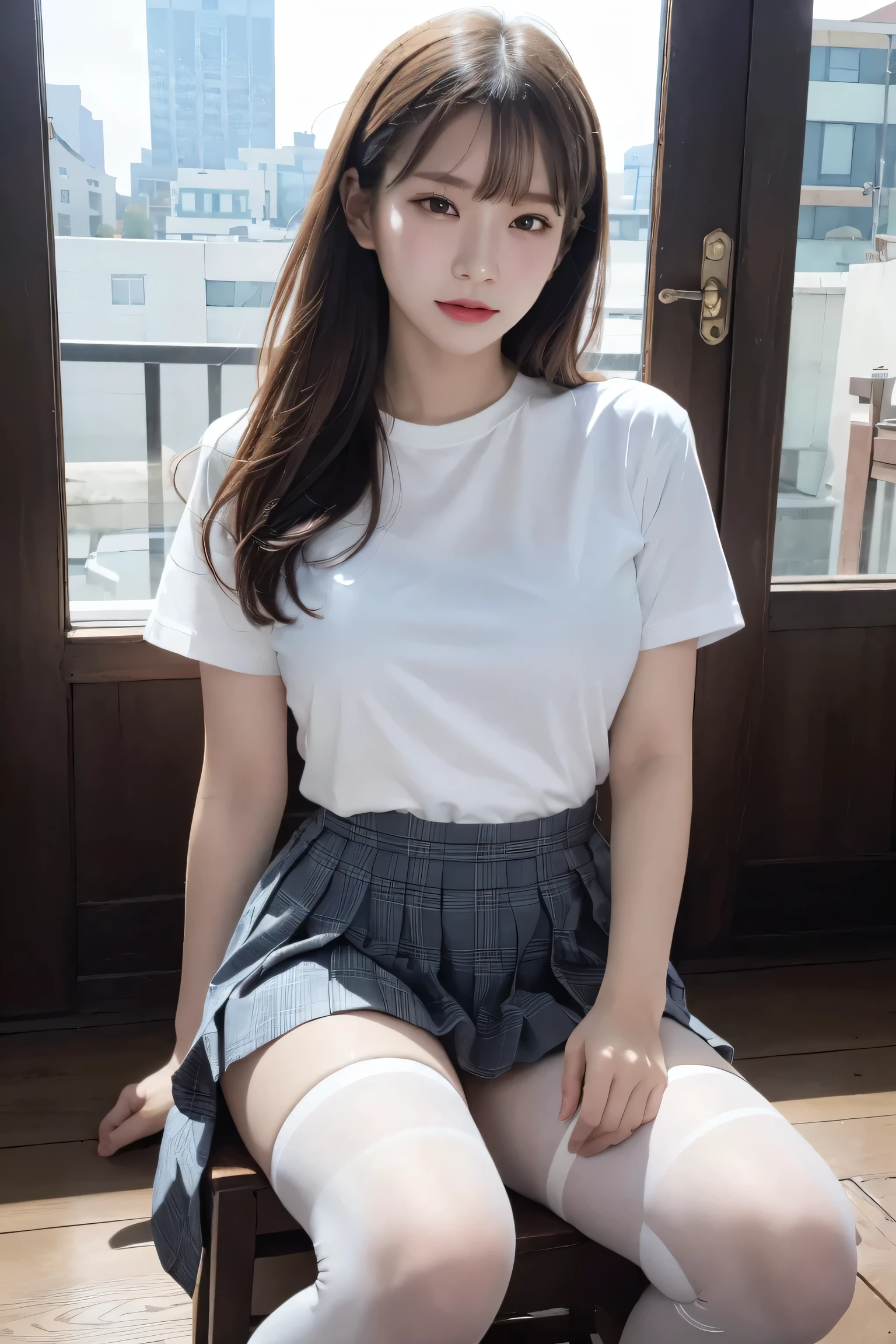 ultra Realistic 8k cg, picture-Perfection face, perfection, clean, masterpiece, Professional artwork, Famous works of art, Perfection face, Beautiful Face, beautiful eye, ((perfection female body)), alone,(Immersive atmosphere, Chiaroscuro:1.5,Bright light:1.2,Bright lighting)
,,(blush:0.5),Seductive look,Very detailed_eye,Thick thighs,Big Breasts,
Beautifully detailed backgrounds,Depth of written boundary,Realistic:1.3, Long Shot,One girl,shirt,Pleated skirt, , Sitting, whole body, 
(Zhou Haoguang:1.3),(Structure of the film:1.3),(Neon Light:0.1),(High resolution:0.1),Accent lighting, White Pantyhose,   
