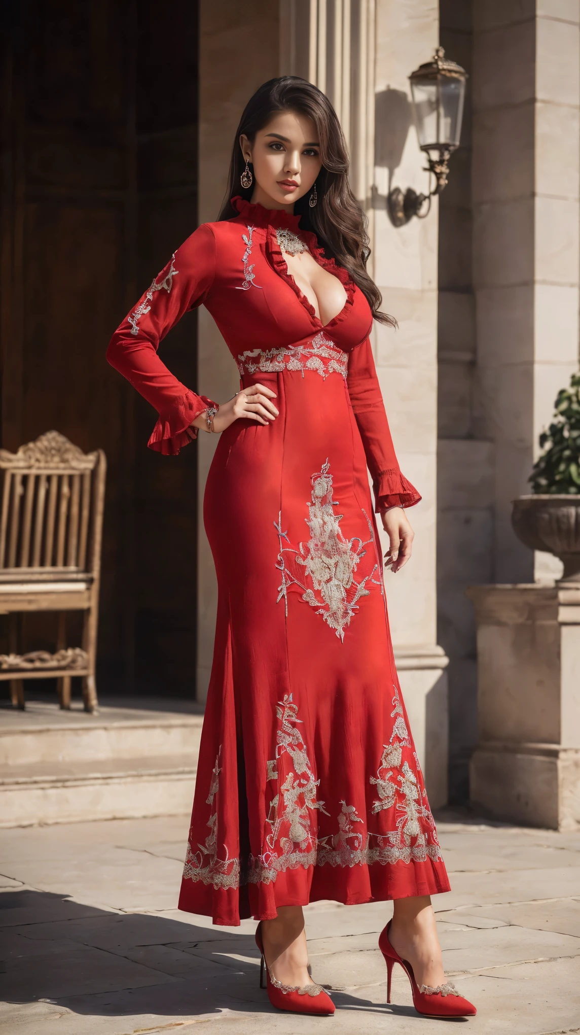 ((girl outdoor, luxurious outdoor city, luxurious place,),
(((Full body shot))), (wide standing position), (looking at viewers, front view shots, wide angle view), (masterpiece, hyper_realistic, hyper_detailed, photorealists, photo_realism), 20 years old lady, 16k, FHD, UHD, high quality pictures, extremely detailed, candid brightness, candid shots, (iconic picture shot, perfect brightness, perfect contrast, perfect colour), (pretty face, iconic face), (detailed face, detailed eye, detailed lips, detailed neck, ultra realistic face, ultra realistic eye, ultra realistic lips), (attractive hair style, hair style), (sagging perky breasts, perfect rounded breasts, attractive breasts, perfect breasts shape), (attractive body figure, perfect body figure, perfect figure, curvy_figure, hourglass_figure), (embroidery High heels, fancy high heels, iconic heels),
(((Masterpiece maxi, luxurious maxi, iconic maxi), fancy embroidery maxi), (embroidery red maxi), red iconic maxi, ruffled maxi, flared maxi, ruffled maxi, long skinny sleeves, fancy ruffled neck )). , ,