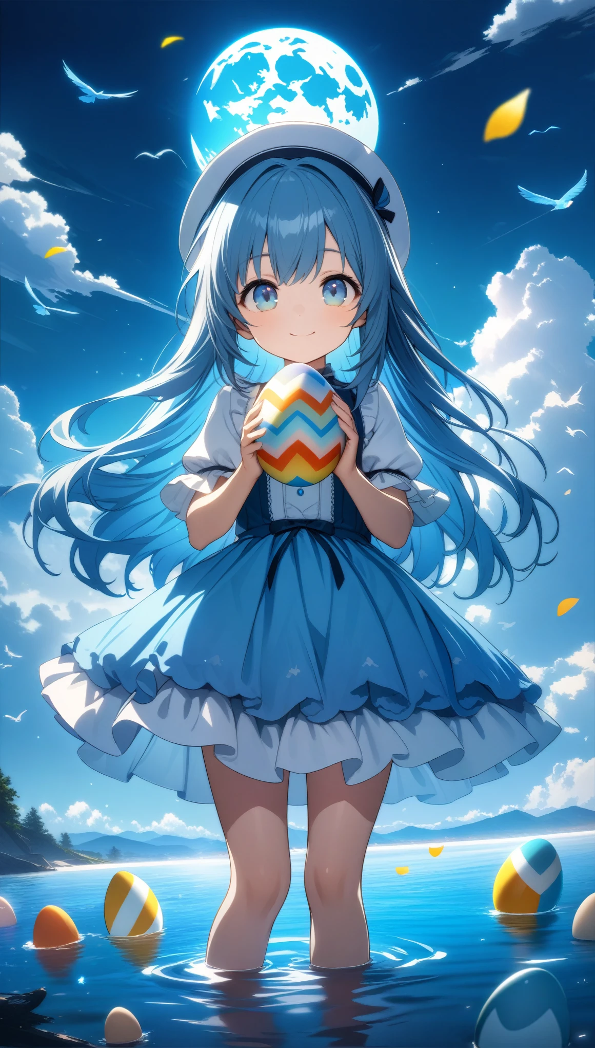 32k, best quality, ultra high res, HDR, UHD, extremely detailed CG, unity 32k wallpaper, A world full of eggs, 18-year-old, Holding a rainbow-colored egg in both hands, Very cute girl, Blue Hair, Long Hair, blue eyes, A beautiful and cute blue dress, from the front, A very beautiful sea background, Standing on the water, Particles that glow blue, bird, cloud, Egg with wings, Close your mouth and smile happily, A cute hat with blue feathers, (wing), full moon,