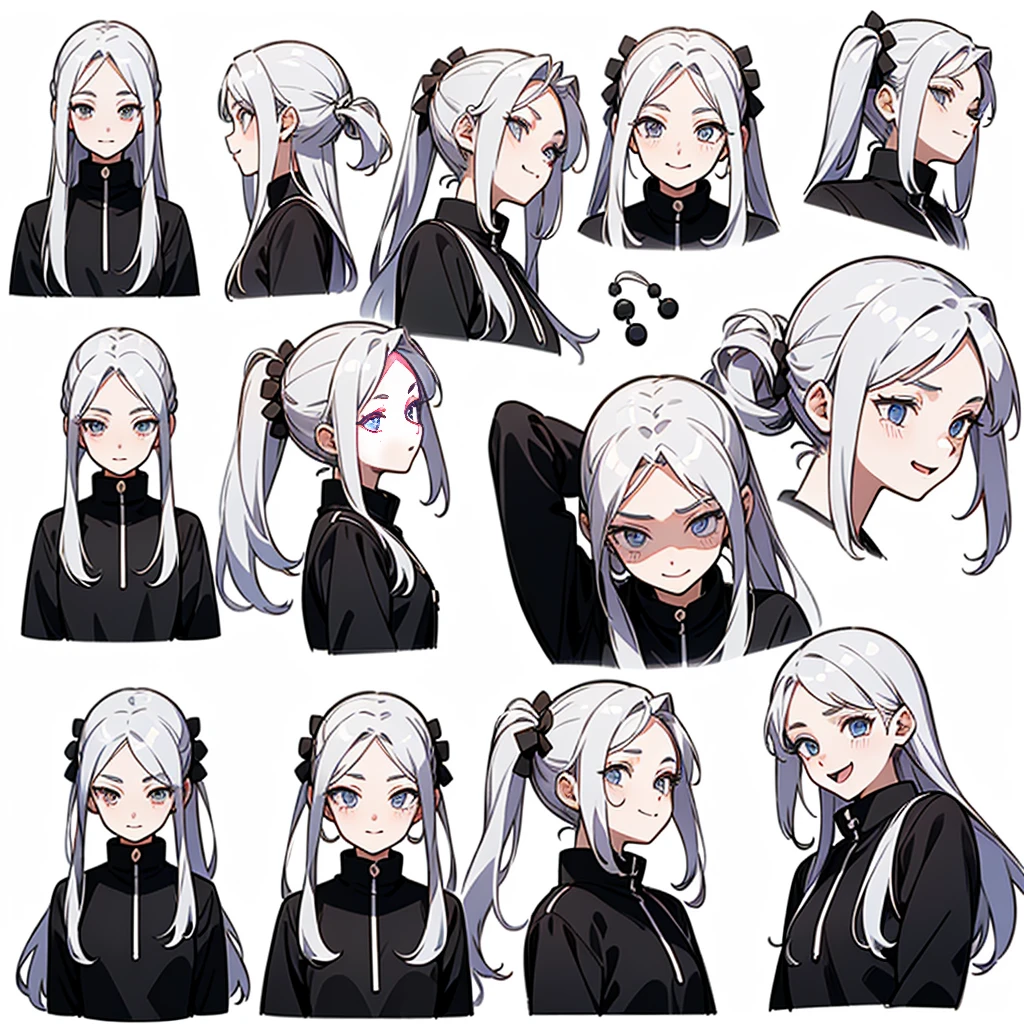 21 years old, white hair girl, Armpit length hair (((smile, Frivolous face, excited face, excited face))) Jeans and tight top, ((Odango hairstyle)) (((Detailed Character Sheet, Front view, Side view, three quarter view))) (((white background)))