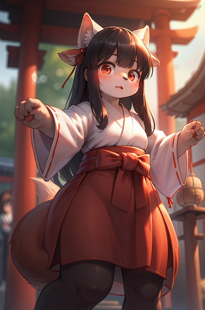 Bokeh , (blur:1.5) , front view , 1 hairy inari girl and 1 oni , Short stature , realistic hairy fur , Straight black Long Hair , Round face, swollen cheeks,round eyes , neat hair ties , Japanese Shrine Maiden Clothing , dynamic Exorcism dance action , in the Inari Shrine