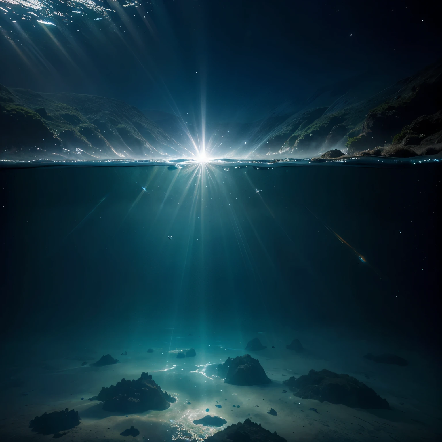 Create an image with maximum quality, Advanced Detail Levels and Cinematic Style. The image must portray the view of a universe observed underwater. Inclua elementos como estrelas brilhantes, visible planets and nebulae, all distorted and refracted by the surface of the water. Add a sense of depth and realism to the aquatic environment, with rays of light penetrating the water and particles floating. A imagem deve capturar a majestade e a serenidade do cosmos, seen through the unique prism of an underwater world."