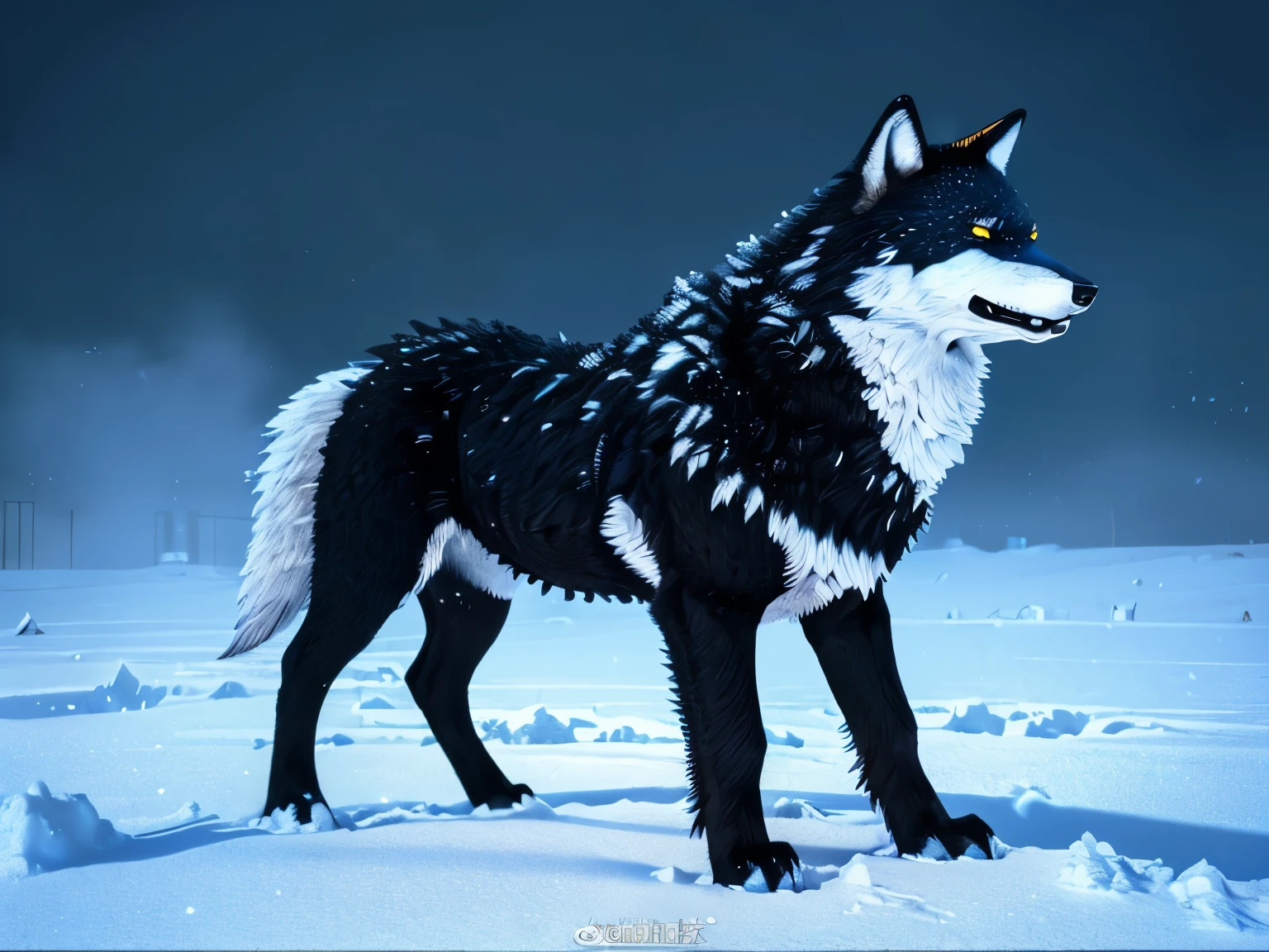 ((Fenrir:1.2)), ((One Wolf:1.2)), ((Snow field:1.1)), ((Blizzard:1.3)), (Huge body), ((midnight:1.3)), ((Restrained:1.3)), ((Black body hair:1.2)), ((Looking at viewers:1.3)),