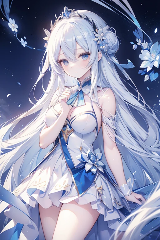 animemanga girl，Long white hair，Blue skirt，holding a blue flower, white-haired god, ((beautiful fantasy empress)), Beautiful fantasy anime, Beuatiful anime, anime goddess, A destiny anime style/overnight with, Sky blue. detailed hair, Anime visuals of a cute girl, Detailed key animation art, beautiful anime woman, beautiful attractive anime woman, Beautiful anime girls