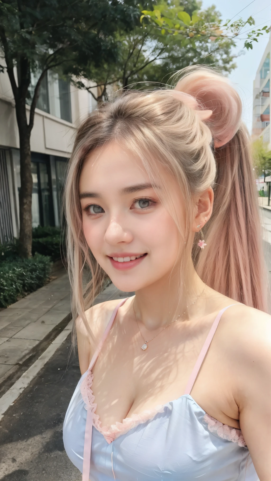 1 Girl, Beautiful, , 16 Years kin, Cleavage, Colossal Breasts, Sexy Look, Sleeveless, White Slip Dress, Loose Dress ((Pink-Blue Sky)) ((Pastel Colour Outfit)), ((Grey Eye)), Laughing, Muscles:1.3, Bokeh1.3, Chinese Street Background, Masterpiece, ((Hair Pin Twintail)), Huge Gravity Art, ((Sexy Posing)), ((Sweet Armpits))