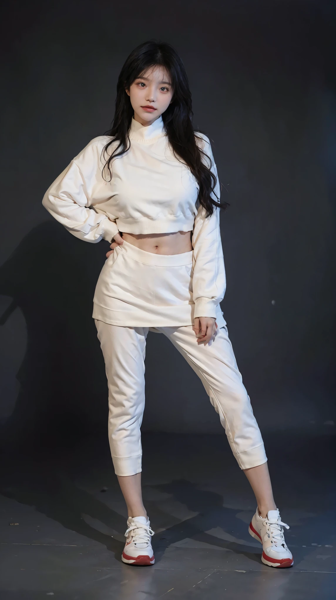 whole body standing pose, best quality, ultra high resolution, (In reality:1.4),Bao Yu Girl,1 girl, With long curly hair,looking into the distance,huge breast,Cropped Red Sweater,Atmospheric feeling,Beautiful woman with a slender body:1.4, Abs,ultra fine face,Exquisite eyes,double eyelid, running shoes