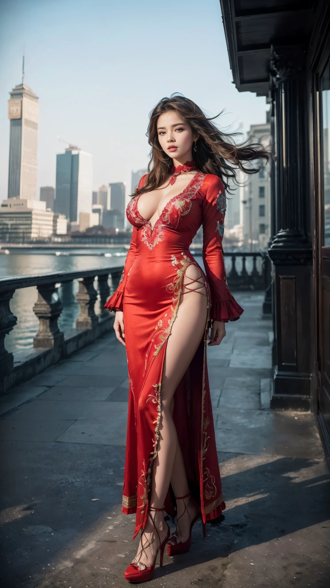 dress a beautiful girl with a perfect figure in something nice, made of available materials (((silk), canvas, nylon, latex, leather, lacy, [[lace-up]], ((jewelry:1.4)), chain, bracelets, steel, pendants, ((earrings)), ([hat, glasses], sunglasses, handbag, phone, everyday items))), ((I encourage you to choose the right background for your phenomenally drawn creation)), ((Random eye color, hair color, even hairstyle, makeup:1.4)), ((experiment, combine complex, multi-layered materialperiment with Armor and delicate materialperiment with the entire palette of colors and shadows)), ((anatomically correct:1.4)), ((perfect proportions:1.4)), (Increase quality:1.4), (best quality real texture skin:1.4), (photorealistic:1.7), (raw, 8K:1.2), (hyper realistic), (最high quality, 8K, 16K, table top, Ultra HD), (masterpiece:1.3), ((sharp fous)), ((neon lighting)), (beautiful face:1.5)、(detailed face:1.45)、(detailed eyes:1.4)、(detailed lips:1.2)、(Detailed nose:1.2)、Attention to detail, Double eyelids, full bodyesbian, and if you want, you are standing, kneeling, Sitting astride a chair, ((random facial expression)), (medium Contrast), (muted colors), long leg, medium ass, ((layer cut: 1.15)), ((Brightly colored clothing)), ((Lively,Active,vivaciousness)), (Erotic:1.6), ((fullcolored silked long dress)), (Look sideways, look up, look down), (rich including decorative embroidery:1.1), (red-white lacy:1.2), (sharp focus), ((very intricate design of epic dress suits:1.2)), ((city night), (neon sign), (night), ((wind in your hair)), (firm normal full breasts:1.1), (looking at viewer), upper body shot,