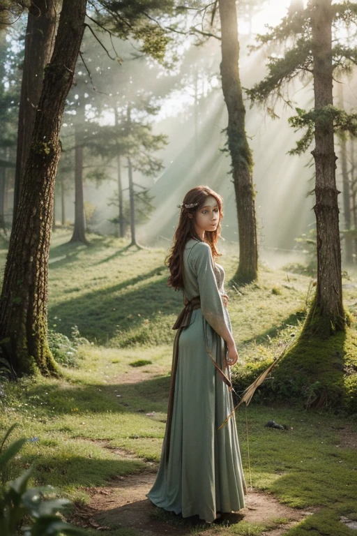(best quality,4k,8k,highres,masterpiece:1.2),ultra-detailed,(realistic,photorealistic,photo-realistic:1.37),goblin girl in a sexy hunter outfit,oak tree,moss-covered tree trunks,golden sunlight piercing through the canopy,misty atmosphere,serene setting,tall grass swaying gently in the breeze,sunlit forest floor,breathtaking view,peaceful and tranquil,scenic landscape,subtle shades of green and brown,ethereal lighting,hunter's bow and arrows,huntress amidst the wilderness,determined gaze and poised stance,flowing auburn hair cascading down her back,adorned in a forest green cloak,wildflowers blooming in her footsteps,hidden creatures observing silently,air filled with the aroma of pine and earth,leaves rustling with every step she takes,soft sounds of nature embracing her presence,her footsteps leaving imprints on the forest floor,majestic deer grazing in the distance,whispers of ancient wisdom in the wind,calmness and harmony blending into the scene,unforgettable masterpiece of nature and adventure.