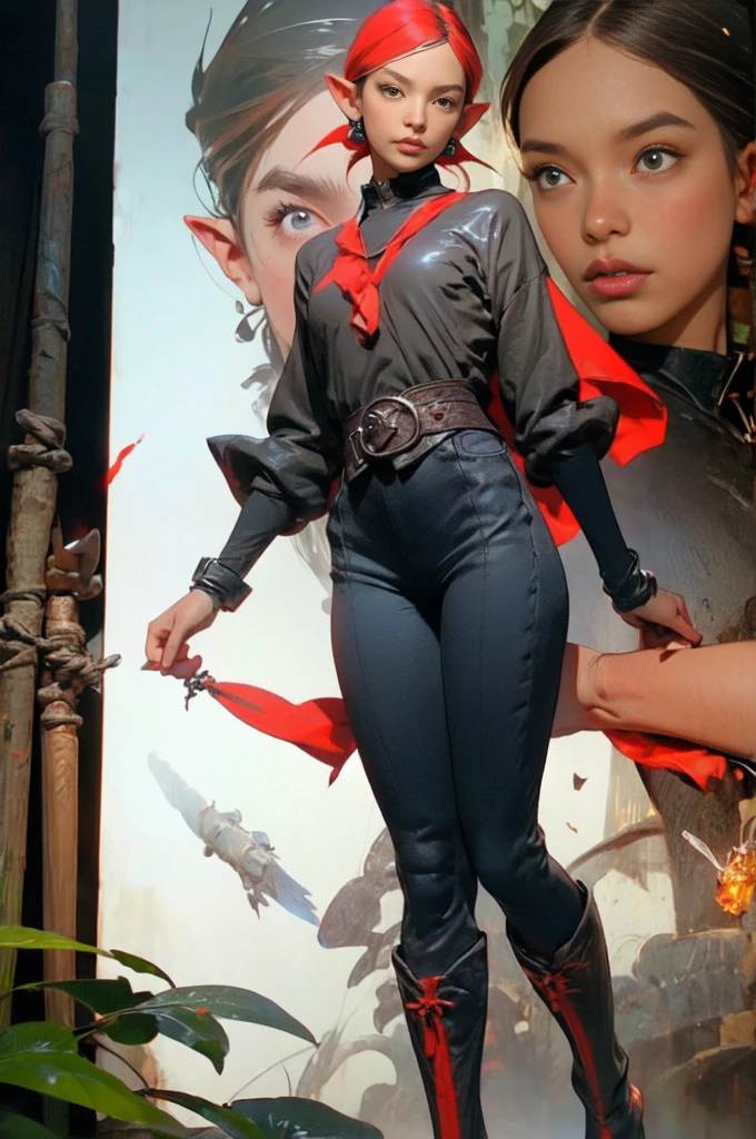 (8K, top quality, masterpiece: 1.2), (realistic, photorealistic: 1.37), Super Detail, one girl, wide viewing angle, Firefly Garden, lots of small weak light and flying fireflies, night. (((masterpiece, best quality))), (elf), (1girl), solo, Bangs, red tinted hair,White cyber Skull armor,long black glovelack pantyhoses,Handsome standing with white boots, art style by Artgerm, by Kawacy, By Yusuke Murata